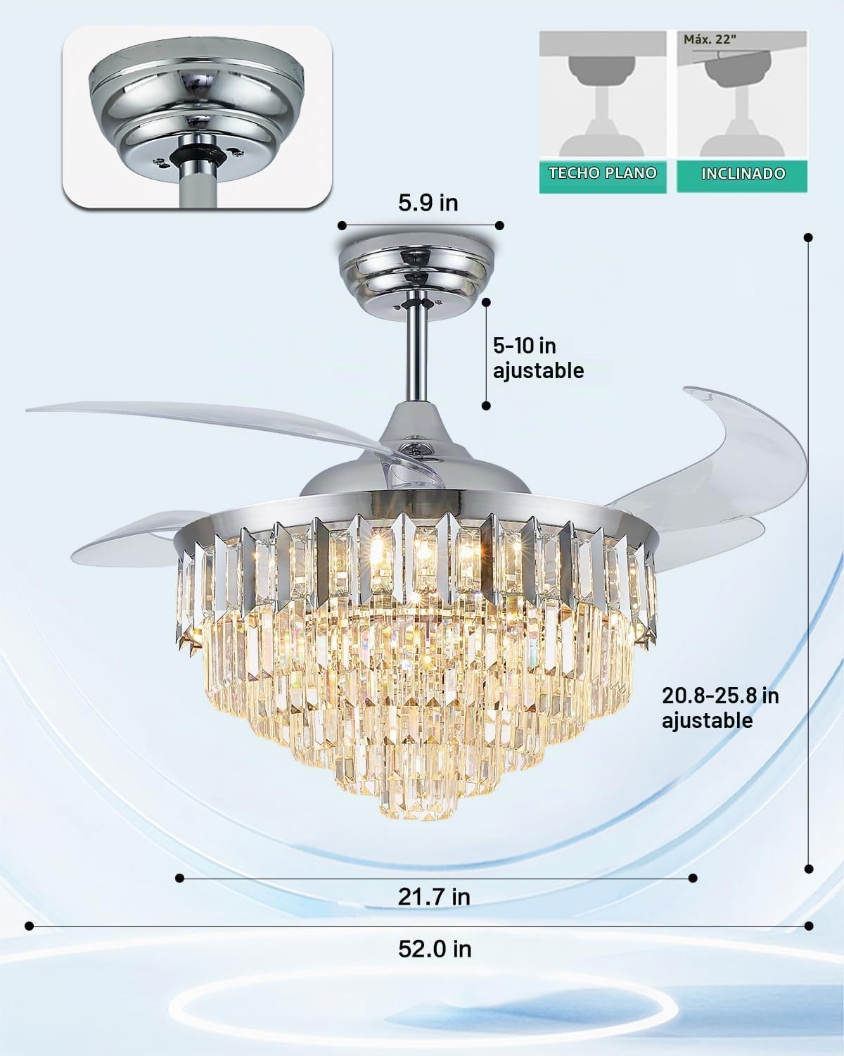 Ventiladores de techo regulables de 52 pulgadas con luces y control remoto, moderno con hoja retráctil, ventilador de techo para dormitorio, comedor, sala de estar