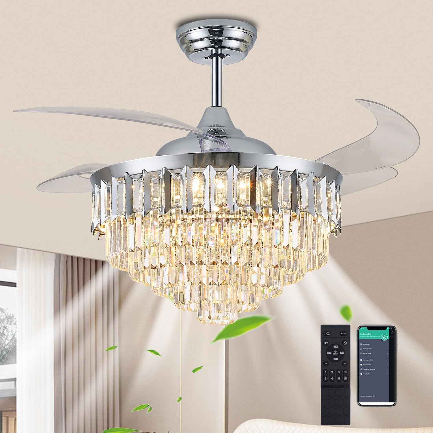 Ventiladores de techo regulables de 52 pulgadas con luces y control remoto, moderno con hoja retráctil, ventilador de techo para dormitorio, comedor, sala de estar