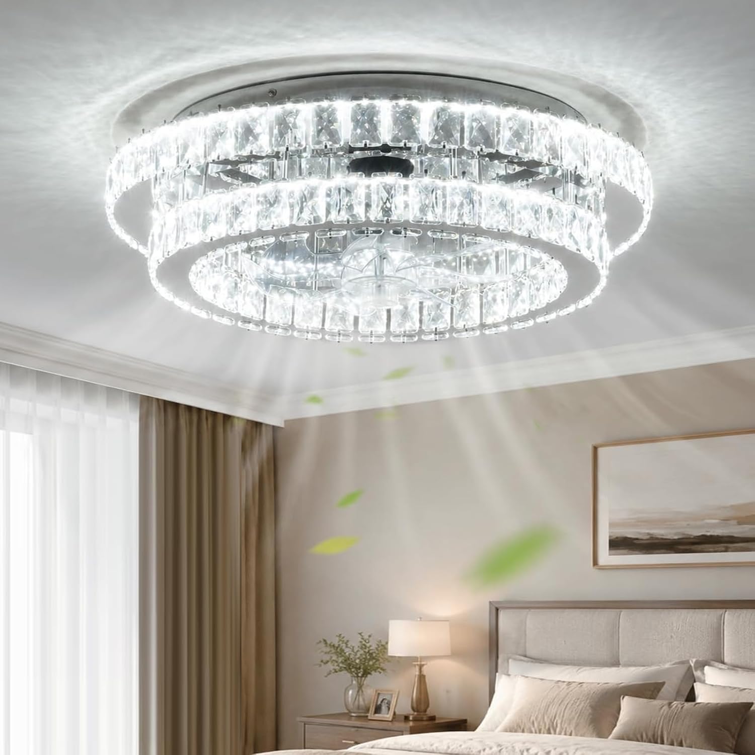 Ventilador de techo con luces y control remoto, ventilador de techo cromado de 20 pulgadas con aspas transparentes, motor silencioso reversible de 110 V CC, luz LED de 3 colores, temporizador de 6