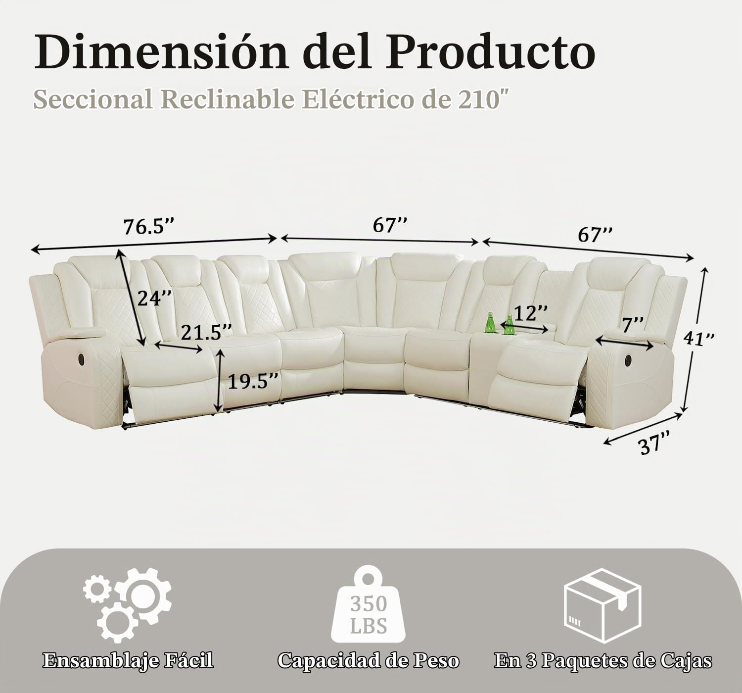 Sofá seccional reclinable de cuero con luces LED, sofá seccional en forma de L, sofá modular de cuero con mesa de café/almacenamiento oculto para sala de estar (Crema, 6 plazas)