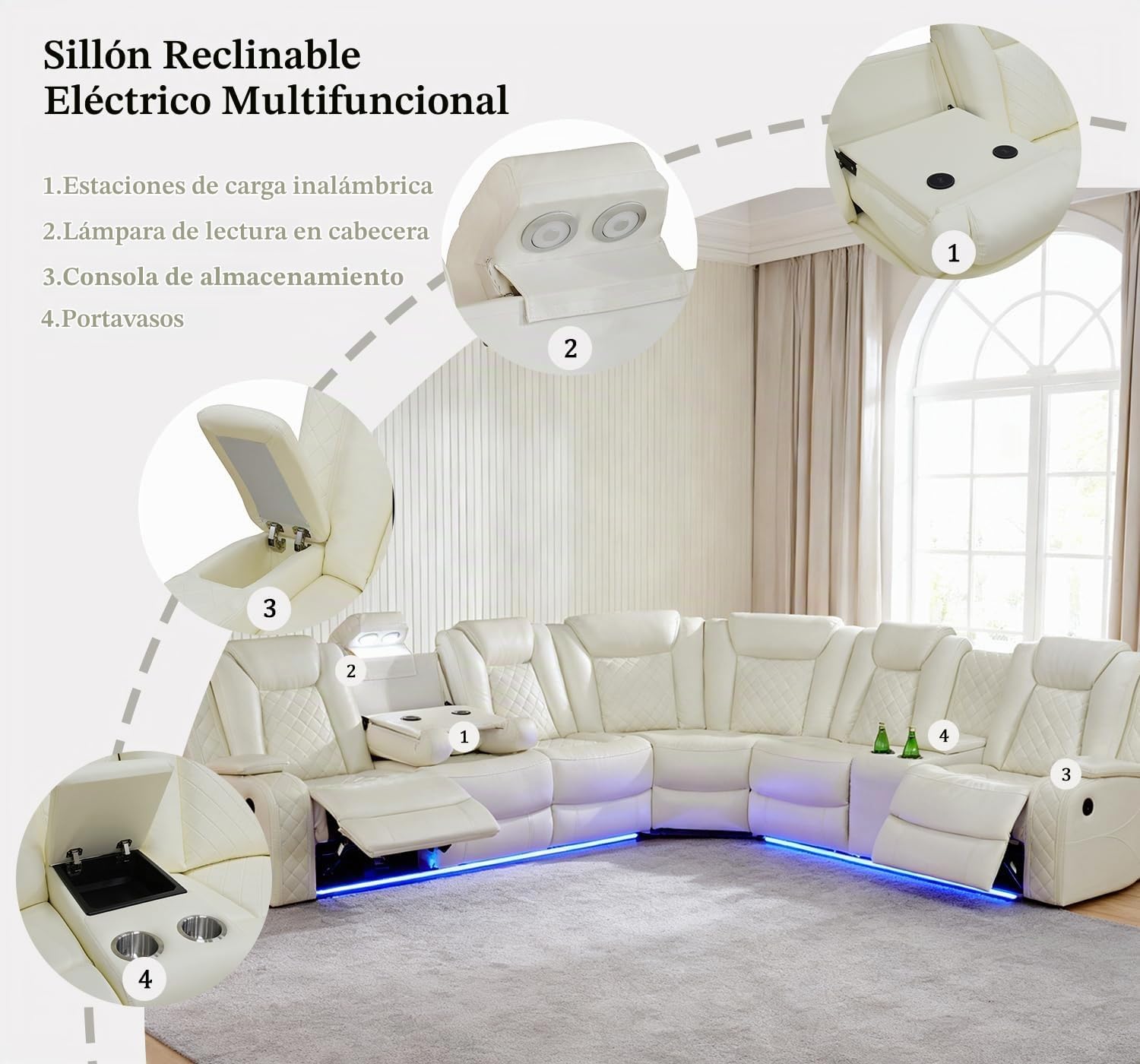 Sofá seccional reclinable de cuero con luces LED, sofá seccional en forma de L, sofá modular de cuero con mesa de café/almacenamiento oculto para sala de estar (Crema, 6 plazas)