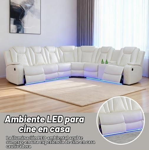 Sofá seccional reclinable de cuero con luces LED, sofá seccional en forma de L, sofá modular de cuero con mesa de café/almacenamiento oculto para sala de estar (Crema, 6 plazas)