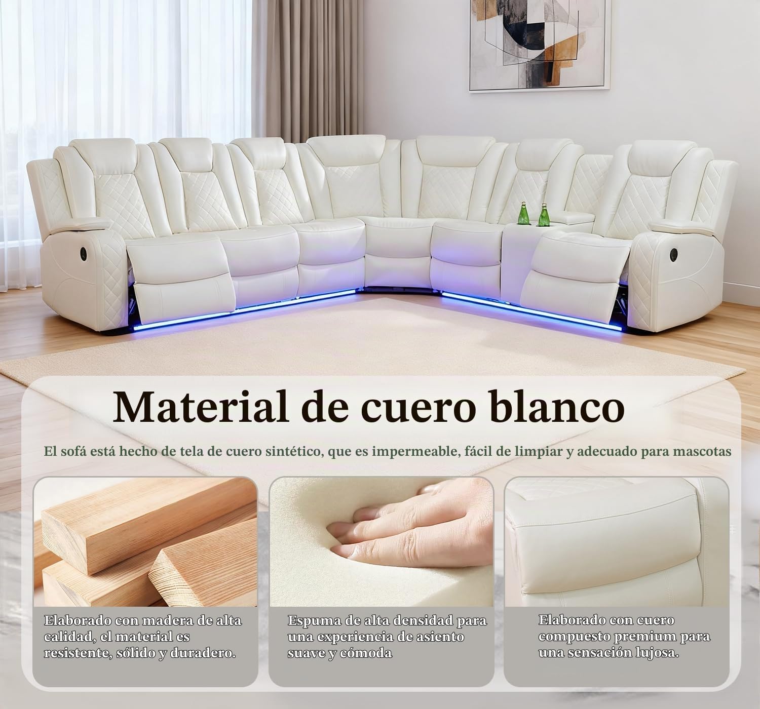 Sofá seccional reclinable de cuero con luces LED, sofá seccional en forma de L, sofá modular de cuero con mesa de café/almacenamiento oculto para sala de estar (Crema, 6 plazas)