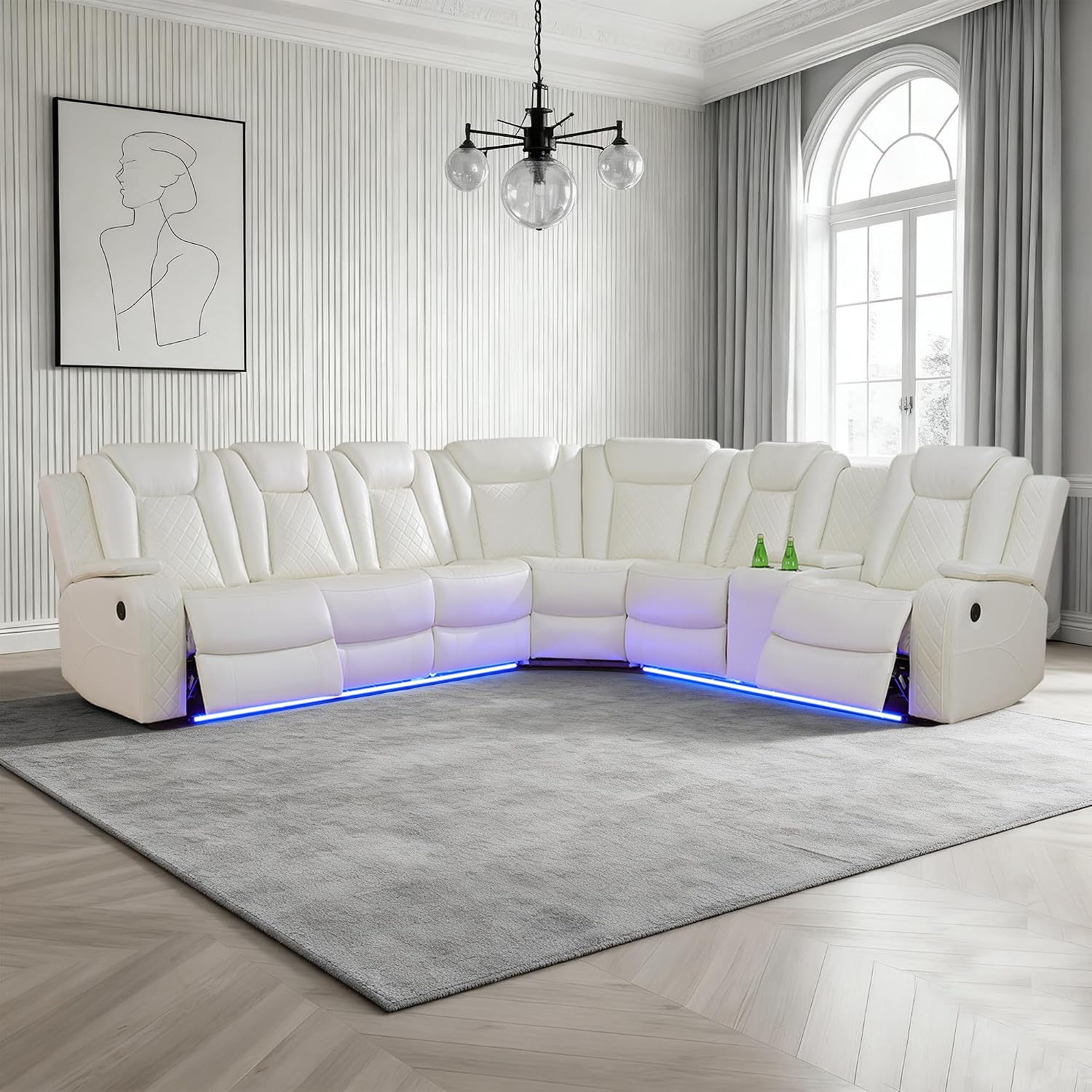Sofá seccional reclinable de cuero con luces LED, sofá seccional en forma de L, sofá modular de cuero con mesa de café/almacenamiento oculto para sala de estar (Crema, 6 plazas)