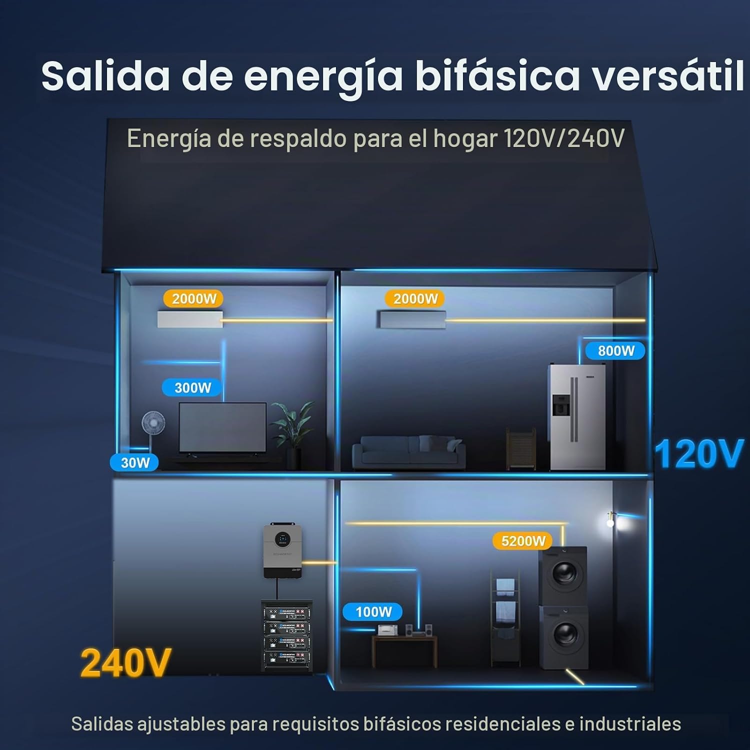 ECO-WORTHY - Estación de energía doméstica de respaldo, salida de CA de 10000 W + batería LiFePO4 de 10240 Wh, soporte de comunicación, Bluetooth y WiFi, carga rápida, para respaldo del hogar
