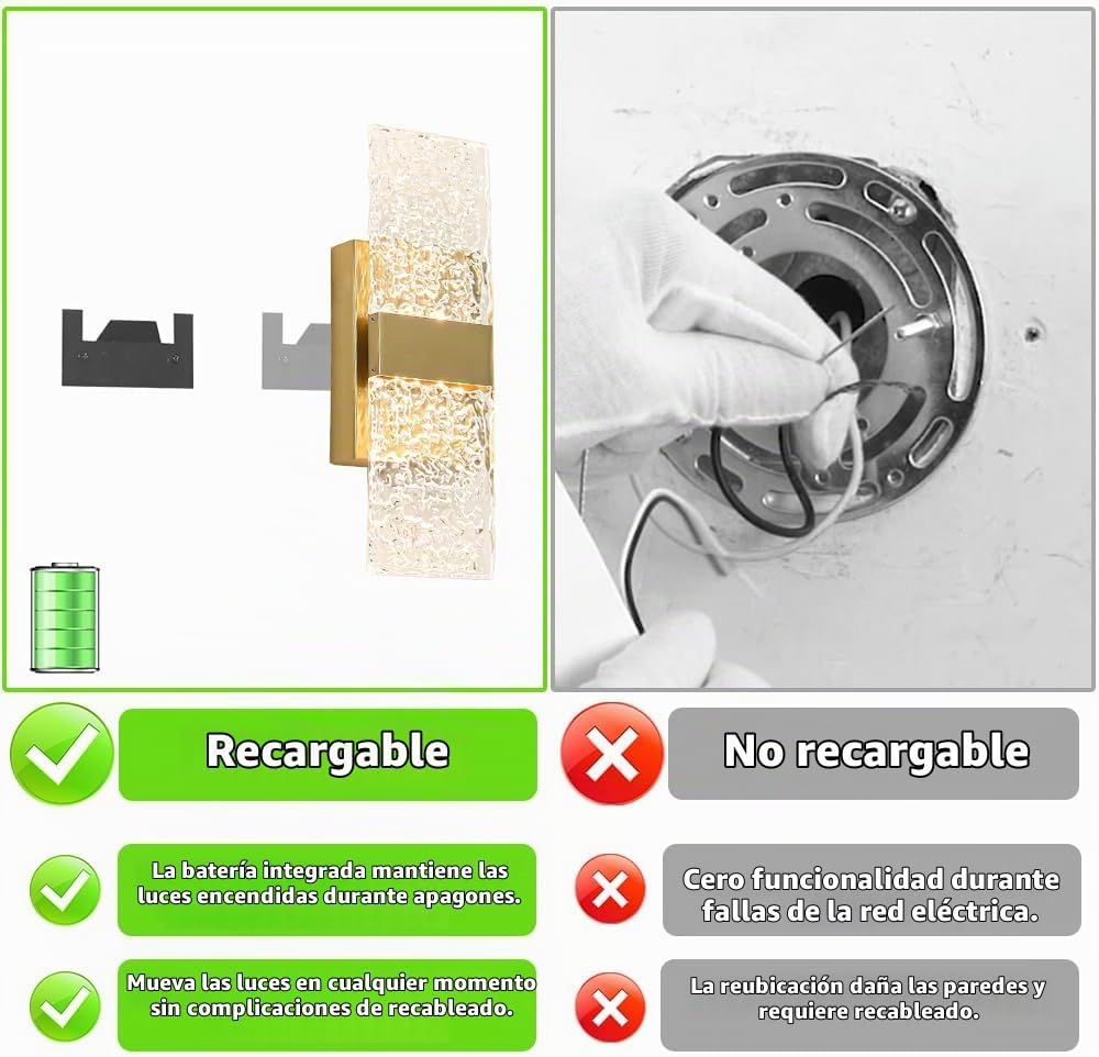 Apliques de Pared Modernos de Oro Cepillado a Batería Juego de 2 - Luces LED de Latón Recargables con Pantalla Acrílica, Lámparas Inalámbricas para Dormitorio/Sala de Estar de Arte