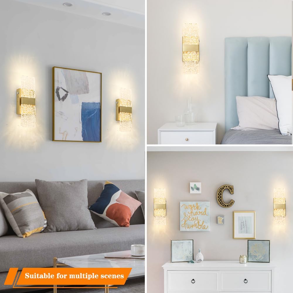 Apliques de Pared Modernos de Oro Cepillado a Batería Juego de 2 - Luces LED de Latón Recargables con Pantalla Acrílica, Lámparas Inalámbricas para Dormitorio/Sala de Estar de Arte