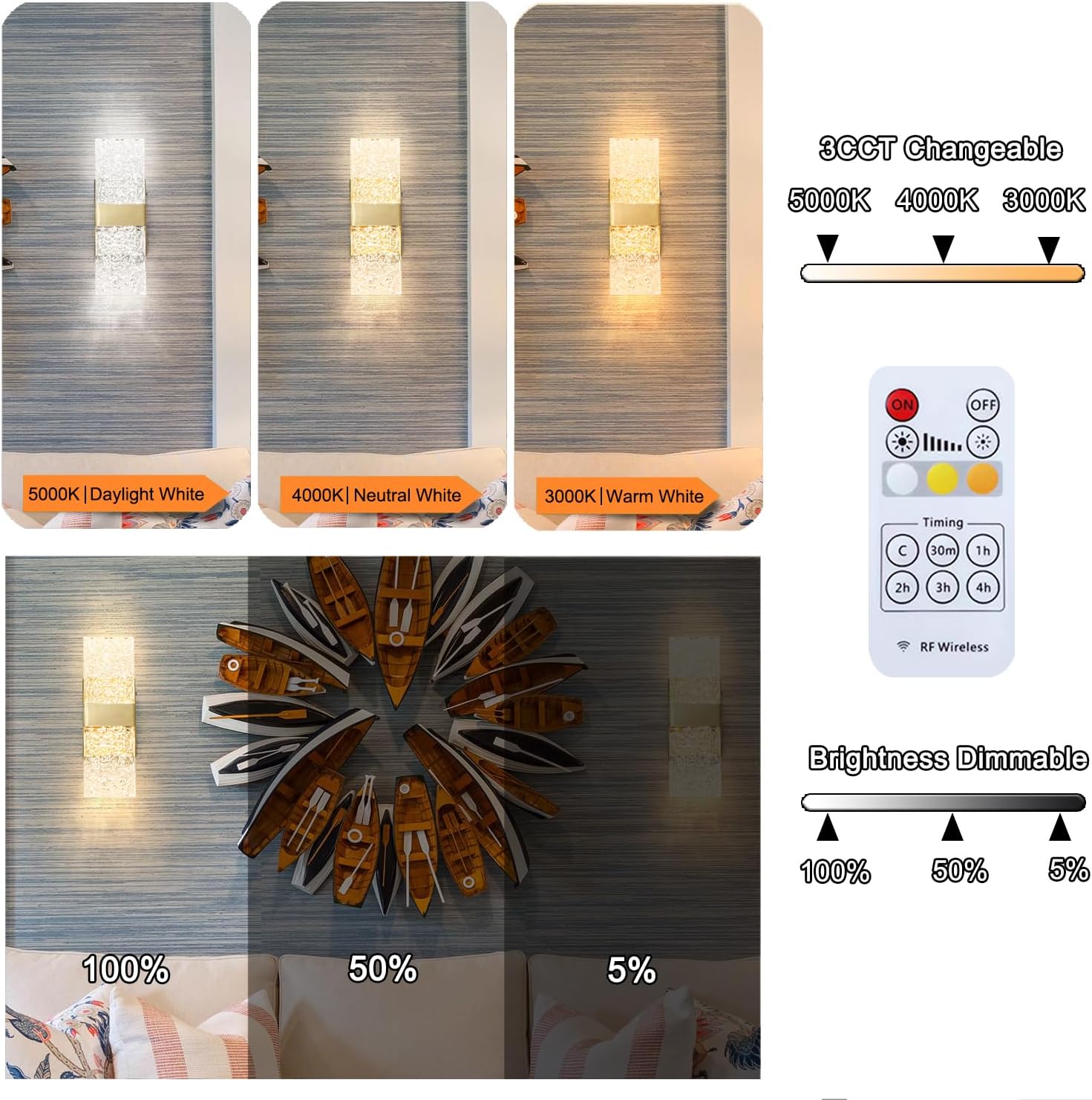 Apliques de Pared Modernos de Oro Cepillado a Batería Juego de 2 - Luces LED de Latón Recargables con Pantalla Acrílica, Lámparas Inalámbricas para Dormitorio/Sala de Estar de Arte