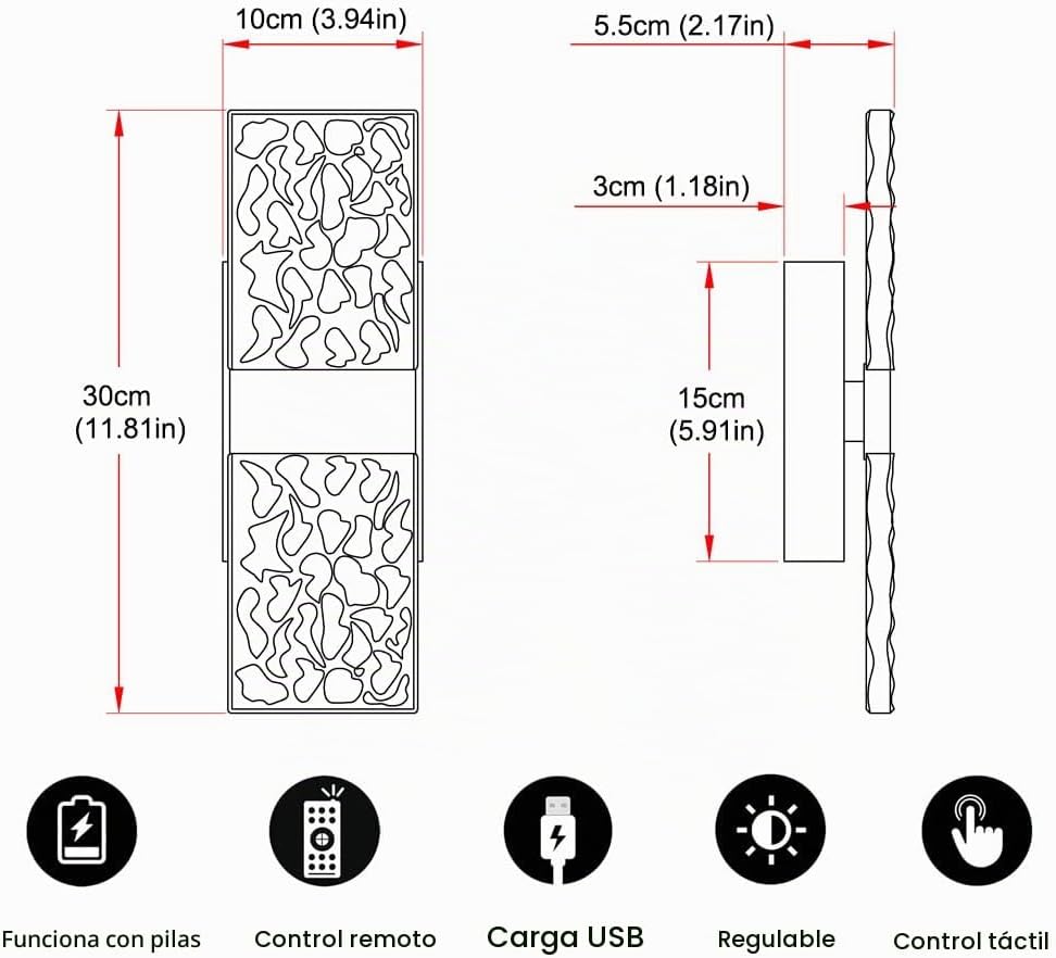 Apliques de Pared Modernos de Oro Cepillado a Batería Juego de 2 - Luces LED de Latón Recargables con Pantalla Acrílica, Lámparas Inalámbricas para Dormitorio/Sala de Estar de Arte