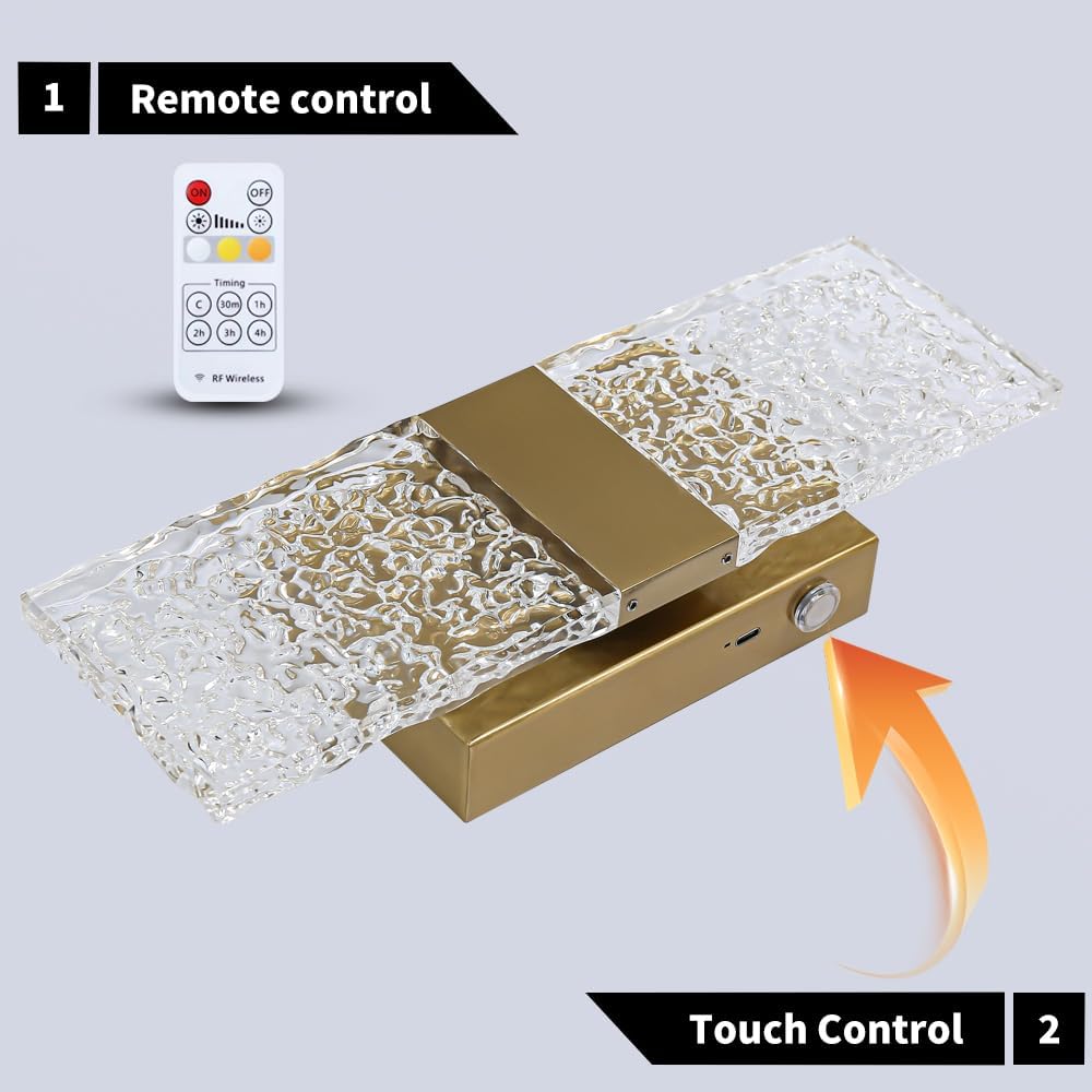 Apliques de Pared Modernos de Oro Cepillado a Batería Juego de 2 - Luces LED de Latón Recargables con Pantalla Acrílica, Lámparas Inalámbricas para Dormitorio/Sala de Estar de Arte