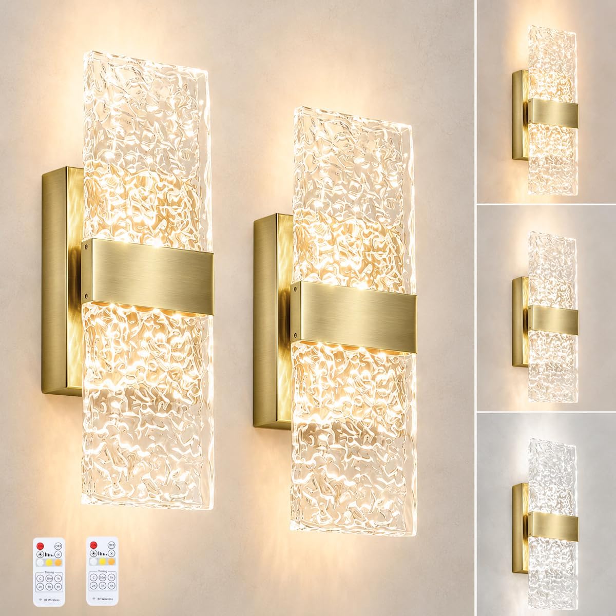 Apliques de Pared Modernos de Oro Cepillado a Batería Juego de 2 - Luces LED de Latón Recargables con Pantalla Acrílica, Lámparas Inalámbricas para Dormitorio/Sala de Estar de Arte