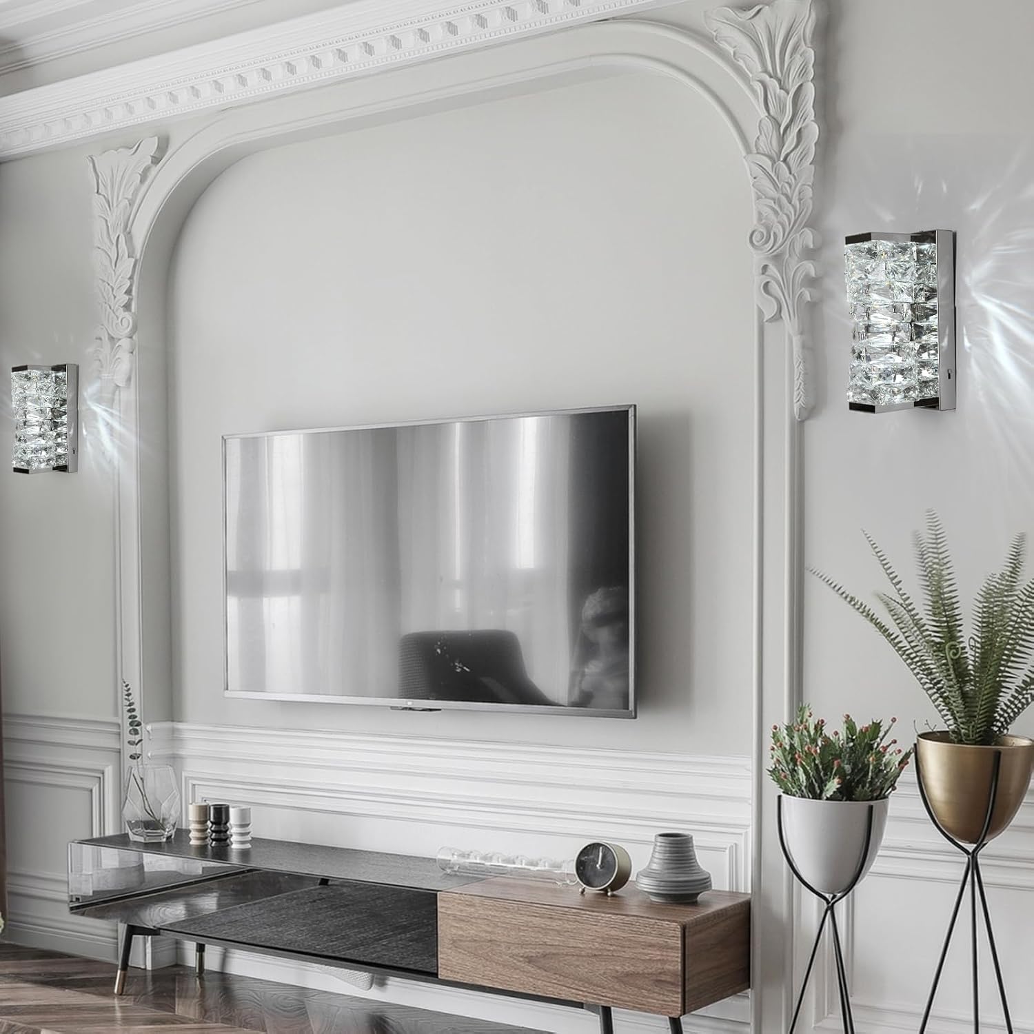 HuisMier Apliques de pared de cristal cromado, modernos apliques de pared LED regulables con 3 temperaturas de color, iluminación de pared elegante de cristal K9 para baño, dormitorio, sala de estar