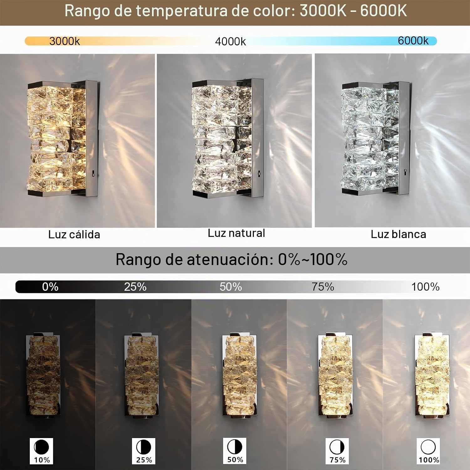 HuisMier Apliques de pared de cristal cromado, modernos apliques de pared LED regulables con 3 temperaturas de color, iluminación de pared elegante de cristal K9 para baño, dormitorio, sala de estar
