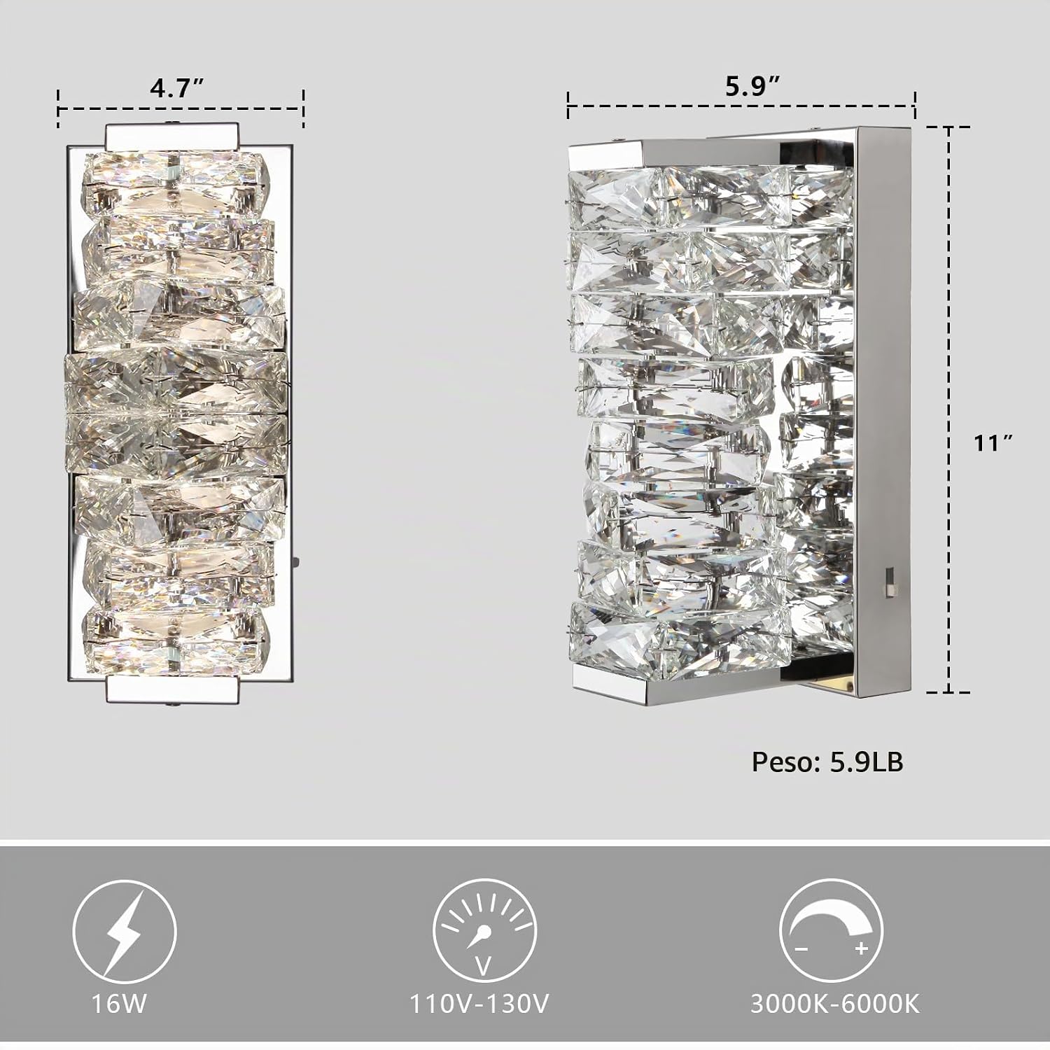 HuisMier Apliques de pared de cristal cromado, modernos apliques de pared LED regulables con 3 temperaturas de color, iluminación de pared elegante de cristal K9 para baño, dormitorio, sala de estar