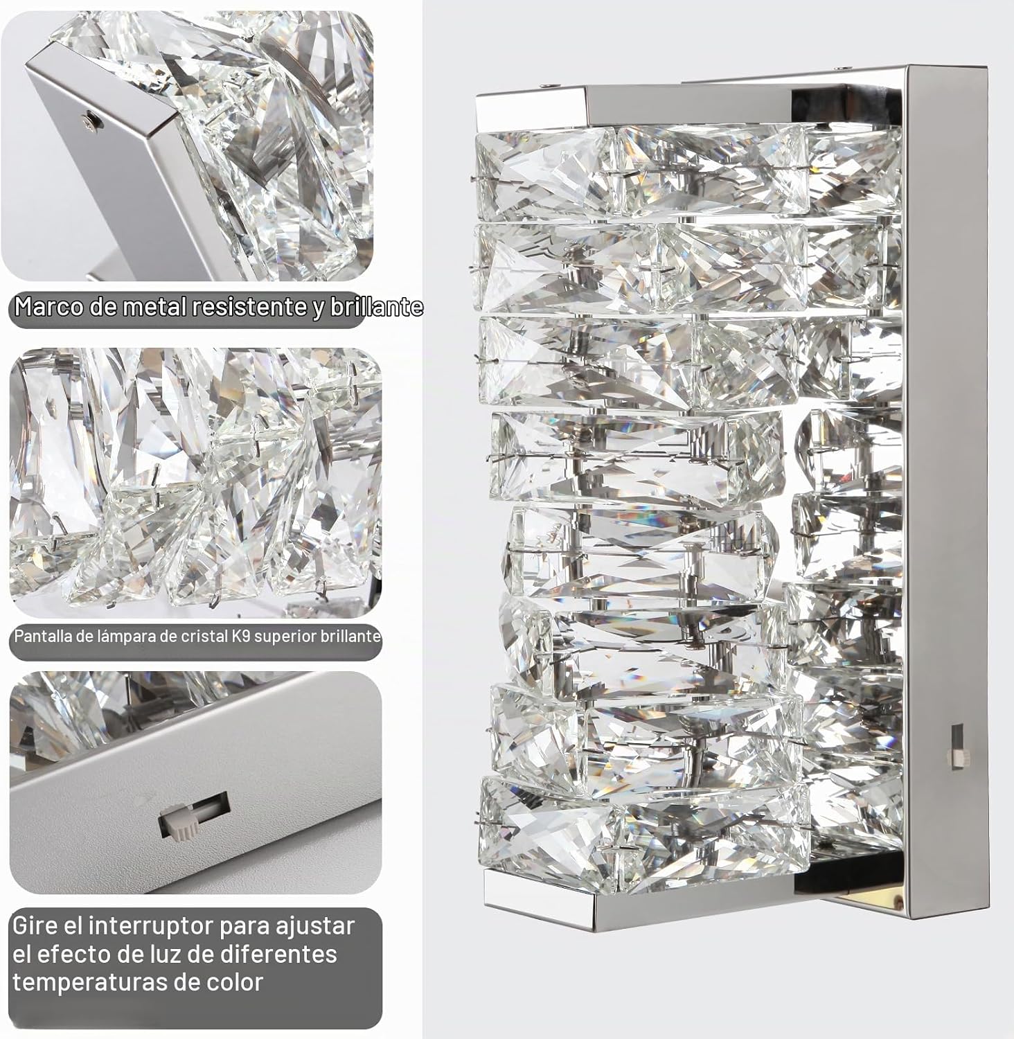HuisMier Apliques de pared de cristal cromado, modernos apliques de pared LED regulables con 3 temperaturas de color, iluminación de pared elegante de cristal K9 para baño, dormitorio, sala de estar