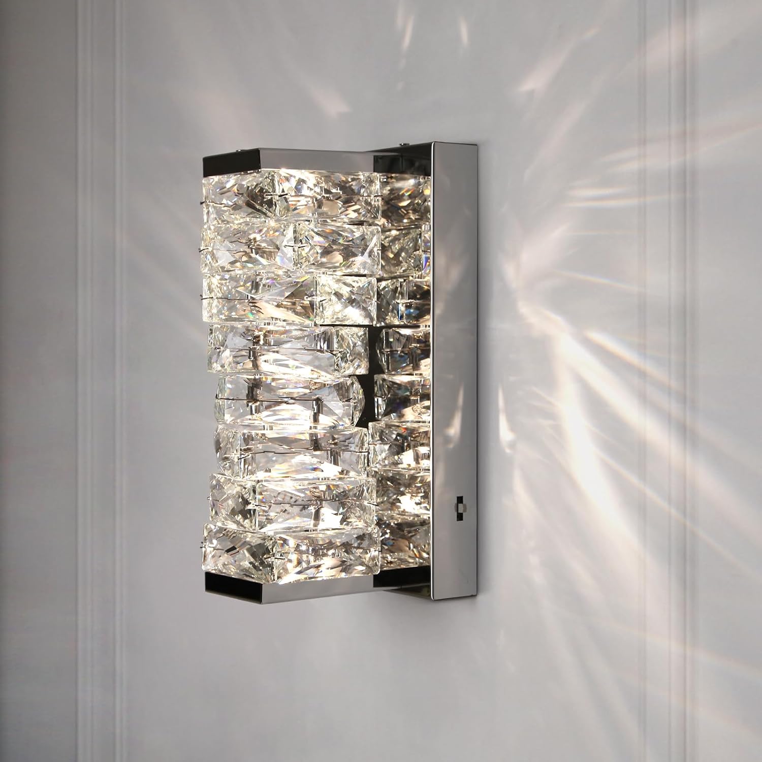 HuisMier Apliques de pared de cristal cromado, modernos apliques de pared LED regulables con 3 temperaturas de color, iluminación de pared elegante de cristal K9 para baño, dormitorio, sala de estar
