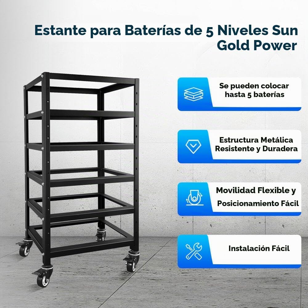 SUNGOLDPOWER 3U Rack de 5 capas para baterías de litio apilables de 48 V 100 AH, diseño de ventilación abierta con ruedas, para sistema solar y almacenamiento de energía