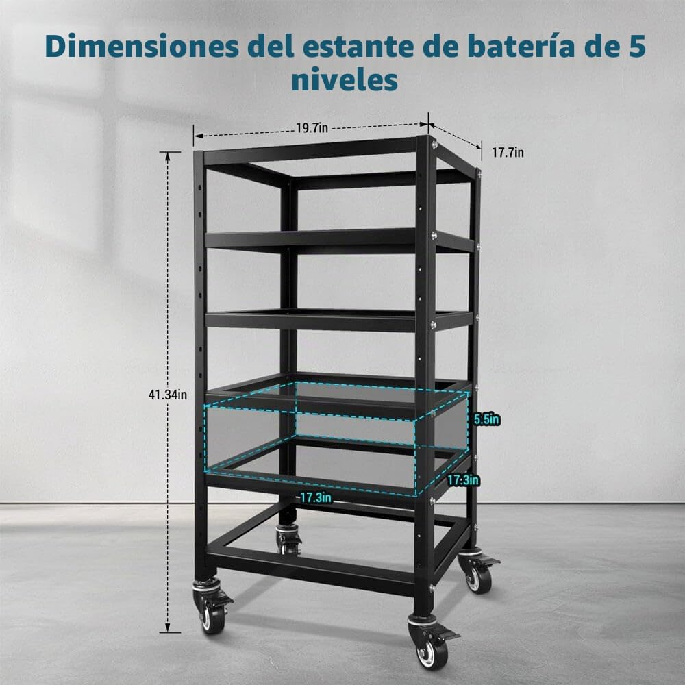 SUNGOLDPOWER 3U Rack de 5 capas para baterías de litio apilables de 48 V 100 AH, diseño de ventilación abierta con ruedas, para sistema solar y almacenamiento de energía