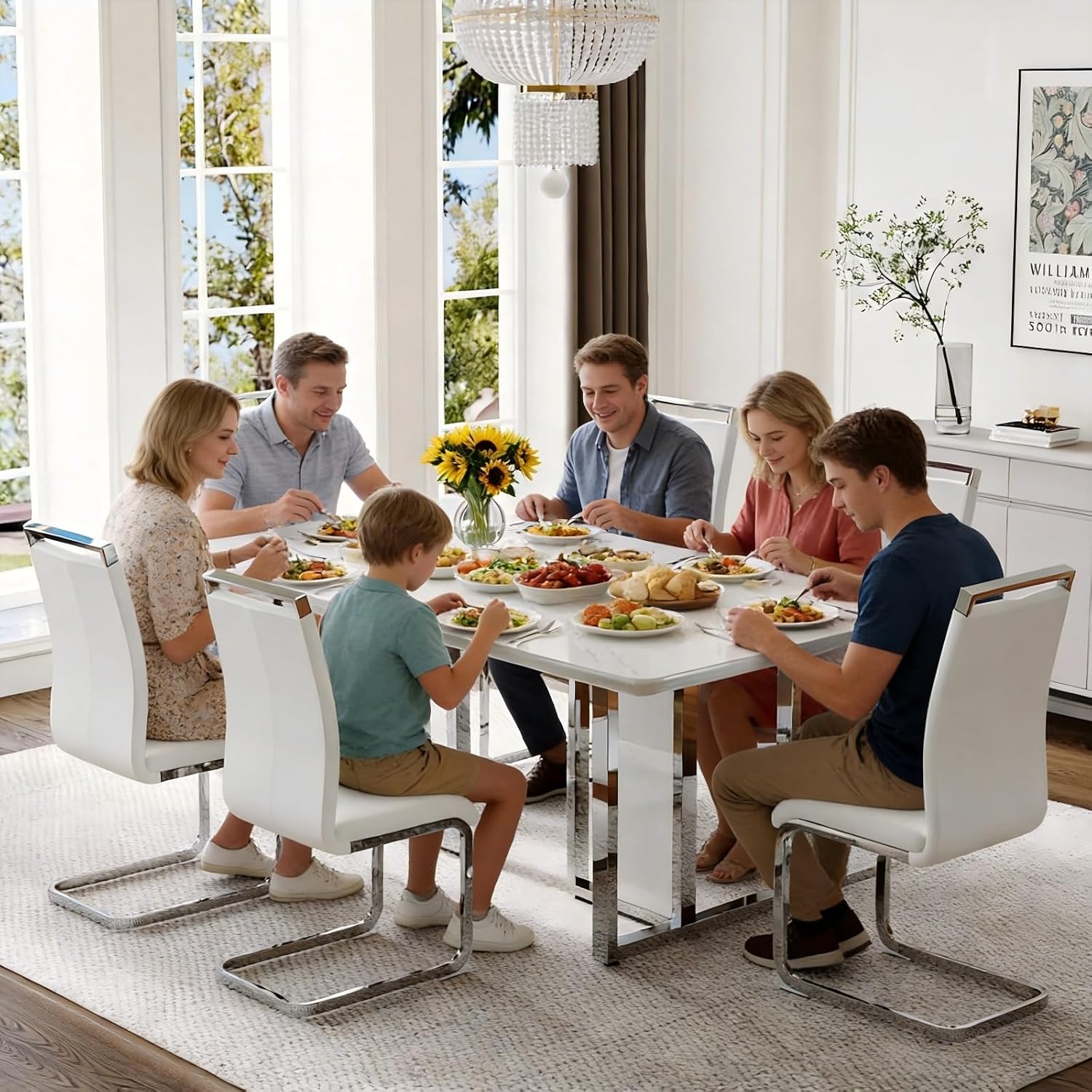 Juego de mesa de comedor de mármol blanco de 63 pulgadas para 6