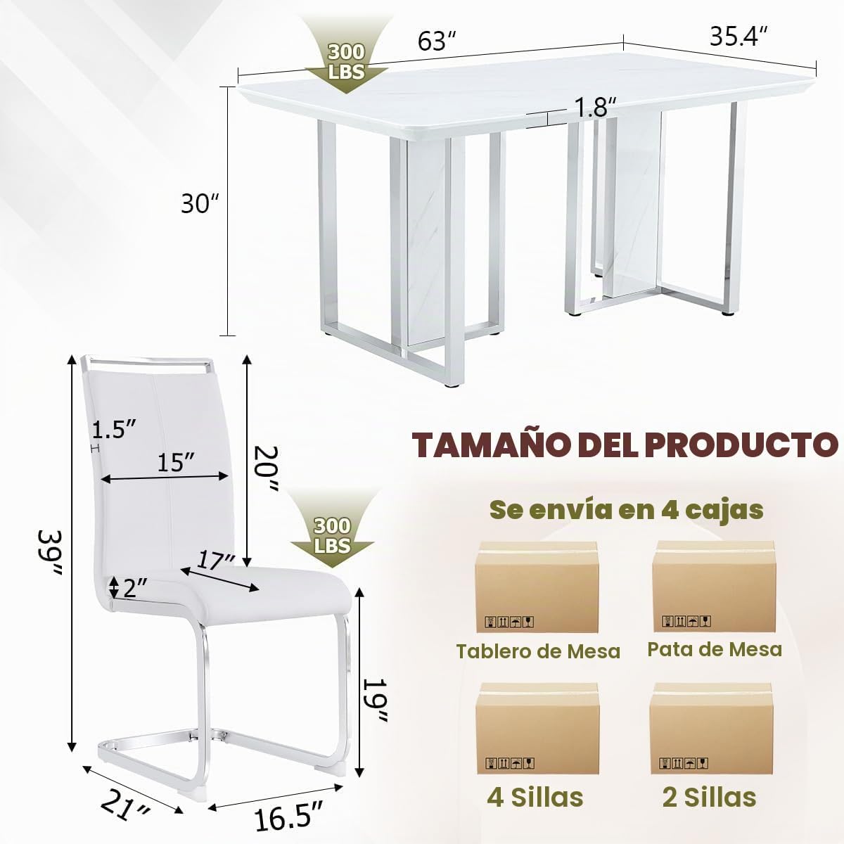 Juego de mesa de comedor de mármol blanco de 63 pulgadas para 6