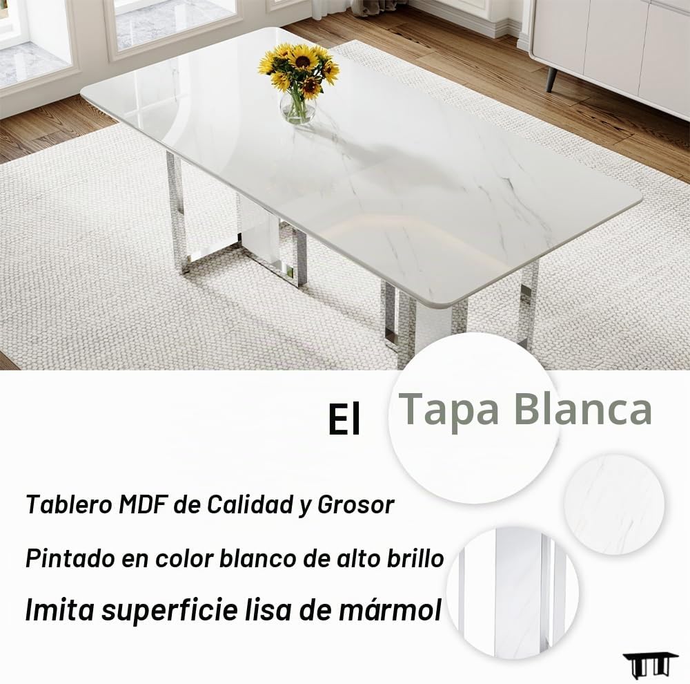 Juego de mesa de comedor de mármol blanco de 63 pulgadas para 6