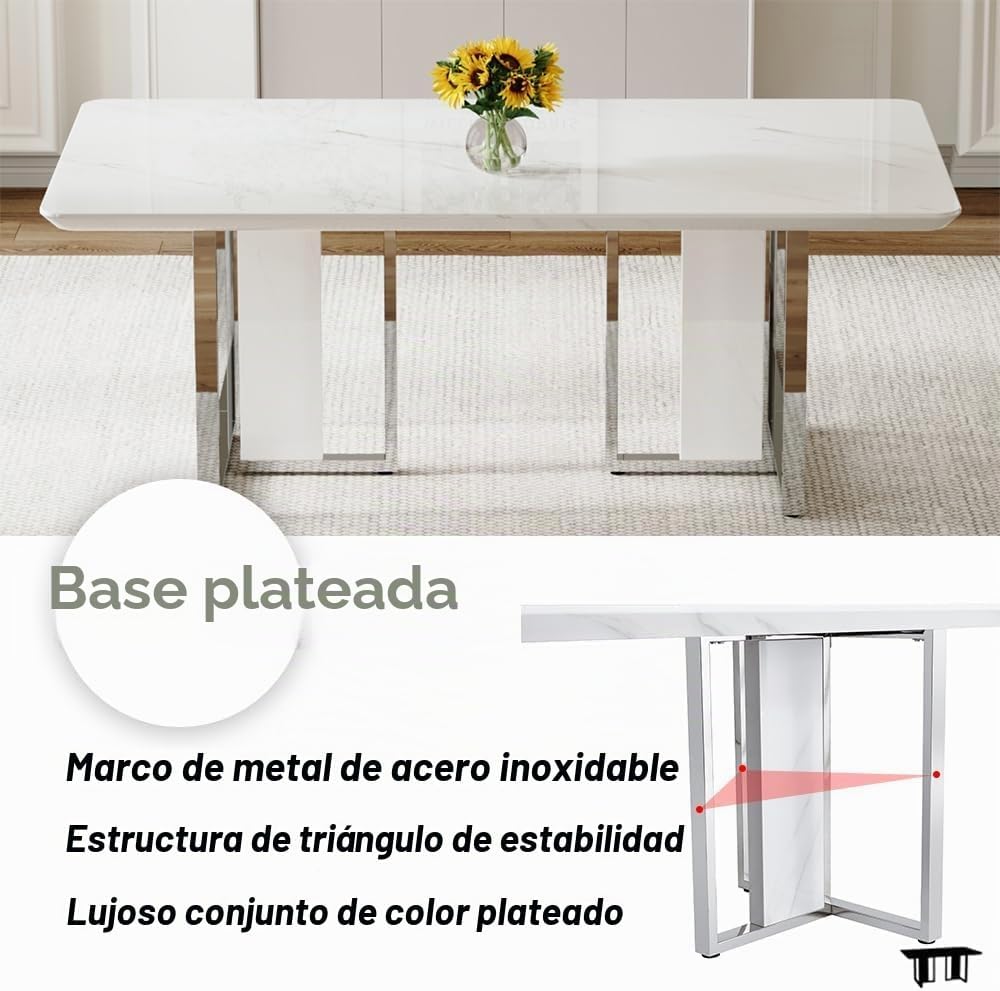 Juego de mesa de comedor de mármol blanco de 63 pulgadas para 6