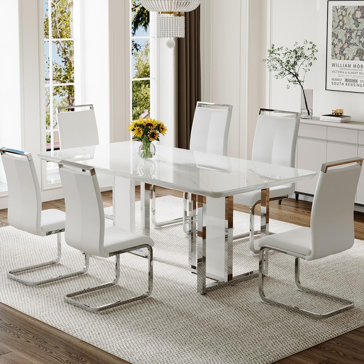 Juego de mesa de comedor de mármol blanco de 63 pulgadas para 6