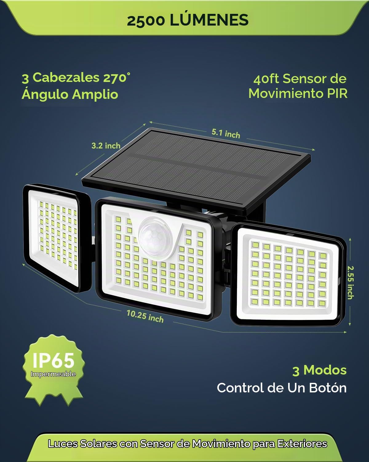 Daphino - Luces solares para exteriores de 2500 lm con sensor de movimiento, luces de calle de 3 cabezales con ángulo amplio de 270°, iluminación de seguridad impermeable IP65 con 3 modos (sin control