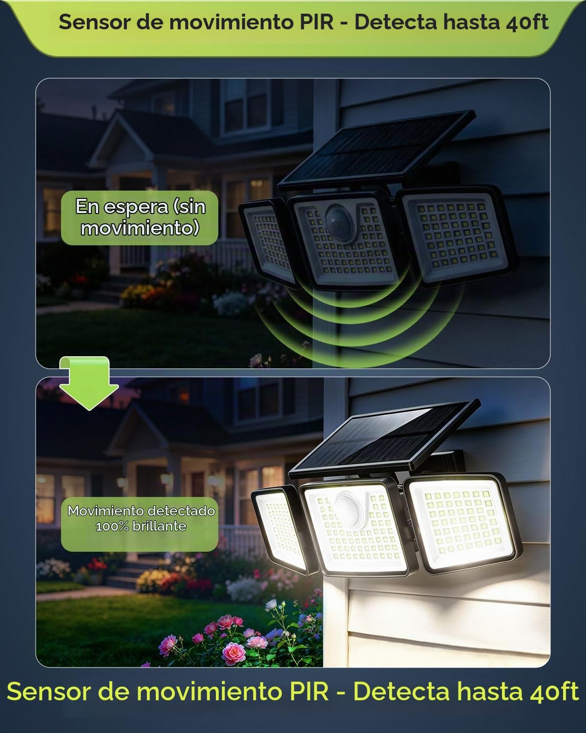 Daphino - Luces solares para exteriores de 2500 lm con sensor de movimiento, luces de calle de 3 cabezales con ángulo amplio de 270°, iluminación de seguridad impermeable IP65 con 3 modos (sin control