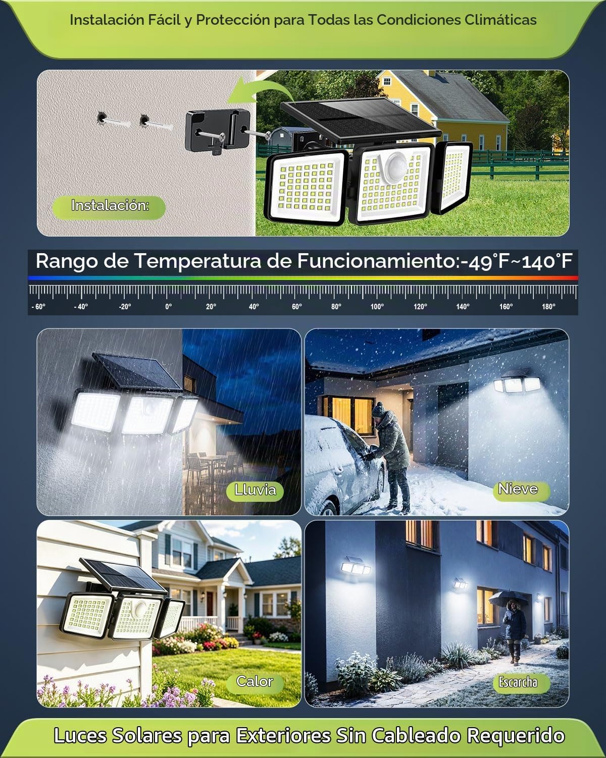 Daphino - Luces solares para exteriores de 2500 lm con sensor de movimiento, luces de calle de 3 cabezales con ángulo amplio de 270°, iluminación de seguridad impermeable IP65 con 3 modos (sin control