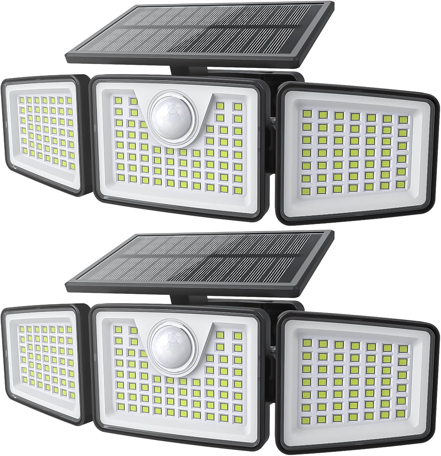Daphino - Luces solares para exteriores de 2500 lm con sensor de movimiento, luces de calle de 3 cabezales con ángulo amplio de 270°, iluminación de seguridad impermeable IP65 con 3 modos (sin control