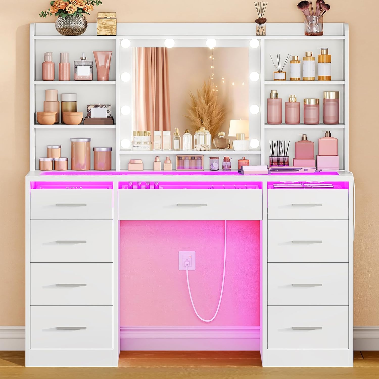 Escritorio grande con espejo y luces, LED de 3 colores, tocador de maquillaje con parte superior de vidrio transparente y luz RGB, mesa de tocador con 9 cajones, 6 estantes abiertos y toma