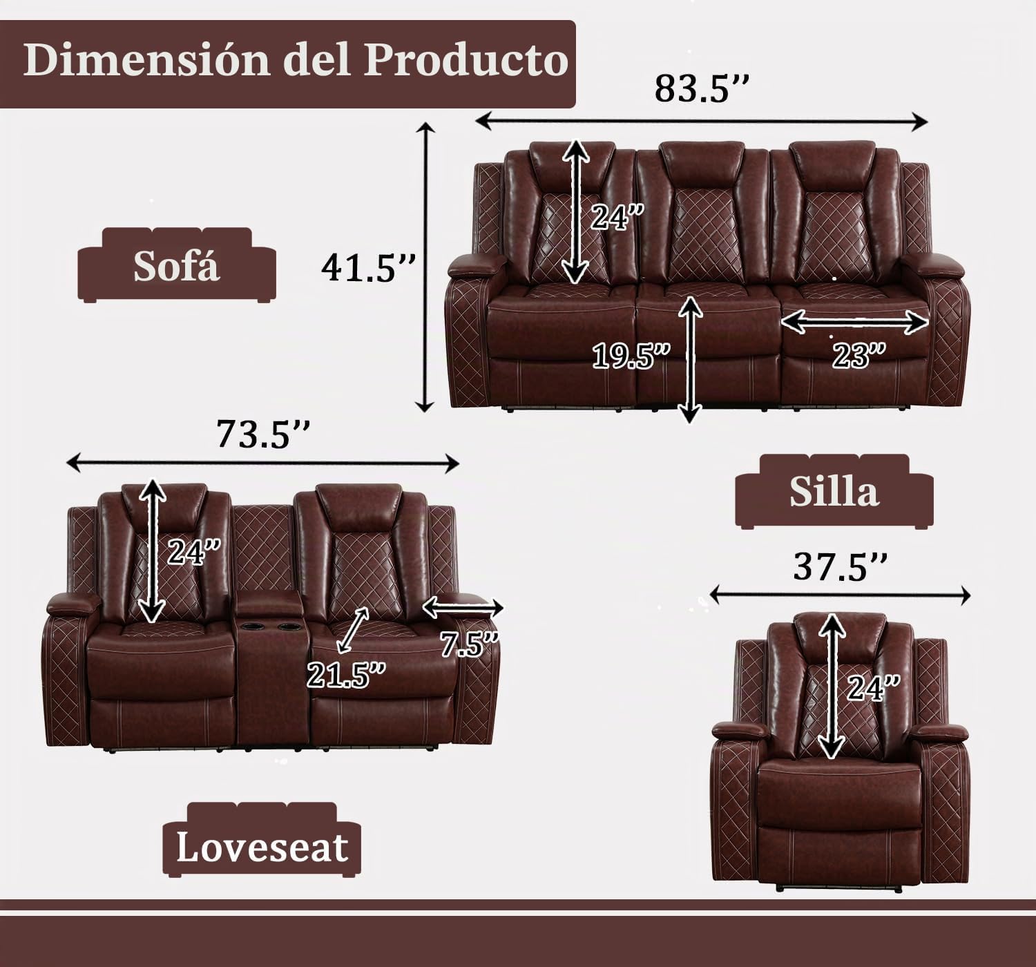 Juego de sofá reclinable de cuero eléctrico con luces LED, juego de sofá reclinable eléctrico, sofá de cuero para sala de estar, 3 piezas con mesa de centro/portavasos para casa/cine en casa