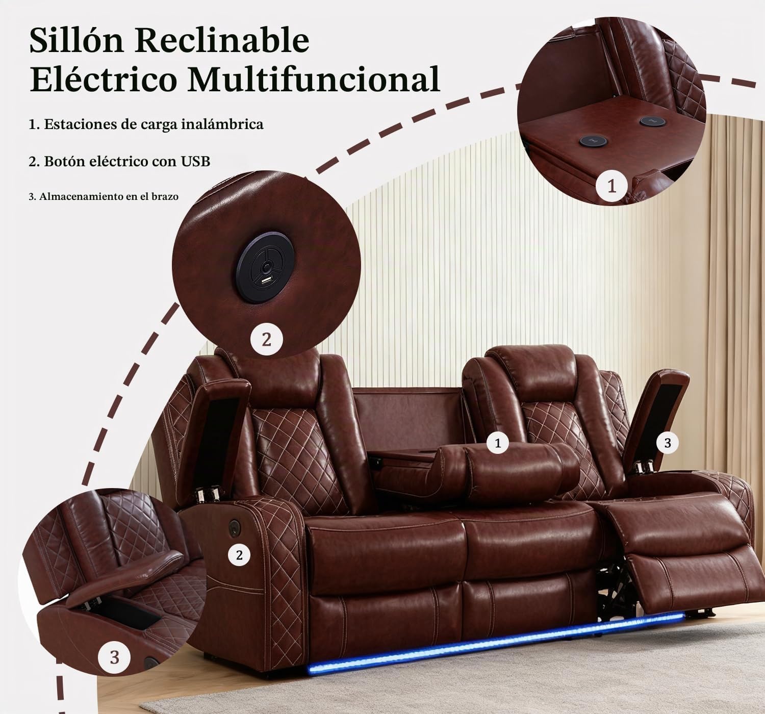 Juego de sofá reclinable de cuero eléctrico con luces LED, juego de sofá reclinable eléctrico, sofá de cuero para sala de estar, 3 piezas con mesa de centro/portavasos para casa/cine en casa