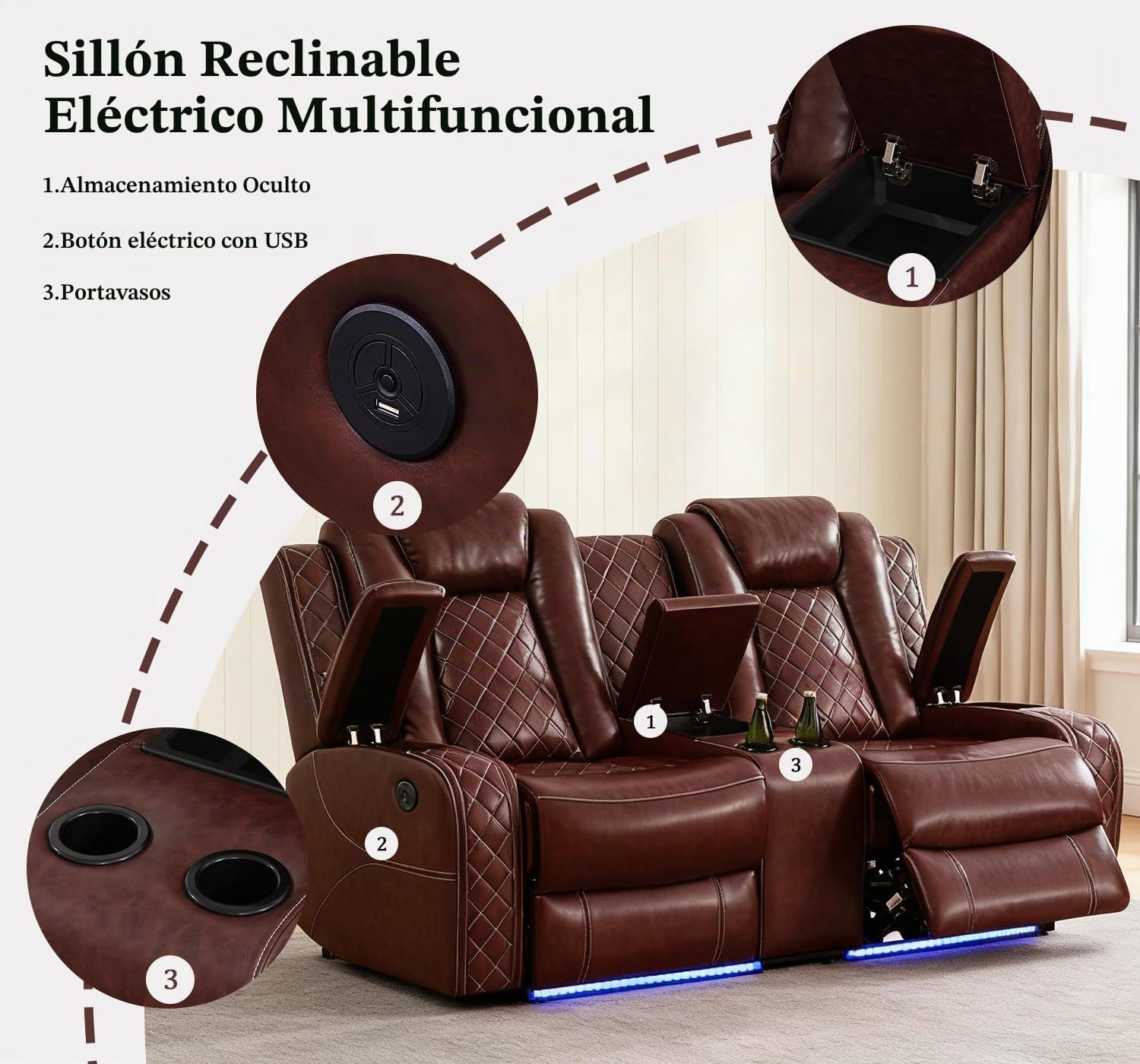 Juego de sofá reclinable de cuero eléctrico con luces LED, juego de sofá reclinable eléctrico, sofá de cuero para sala de estar, 3 piezas con mesa de centro/portavasos para casa/cine en casa