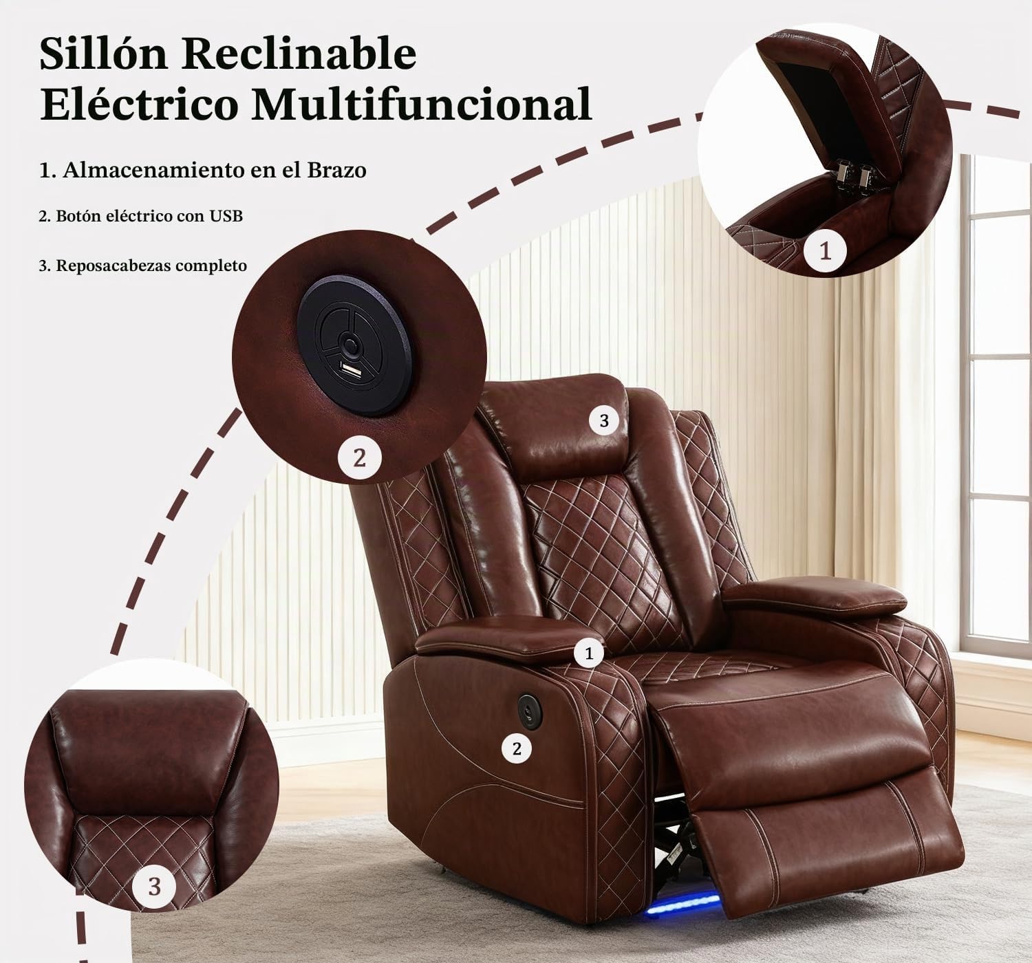 Juego de sofá reclinable de cuero eléctrico con luces LED, juego de sofá reclinable eléctrico, sofá de cuero para sala de estar, 3 piezas con mesa de centro/portavasos para casa/cine en casa