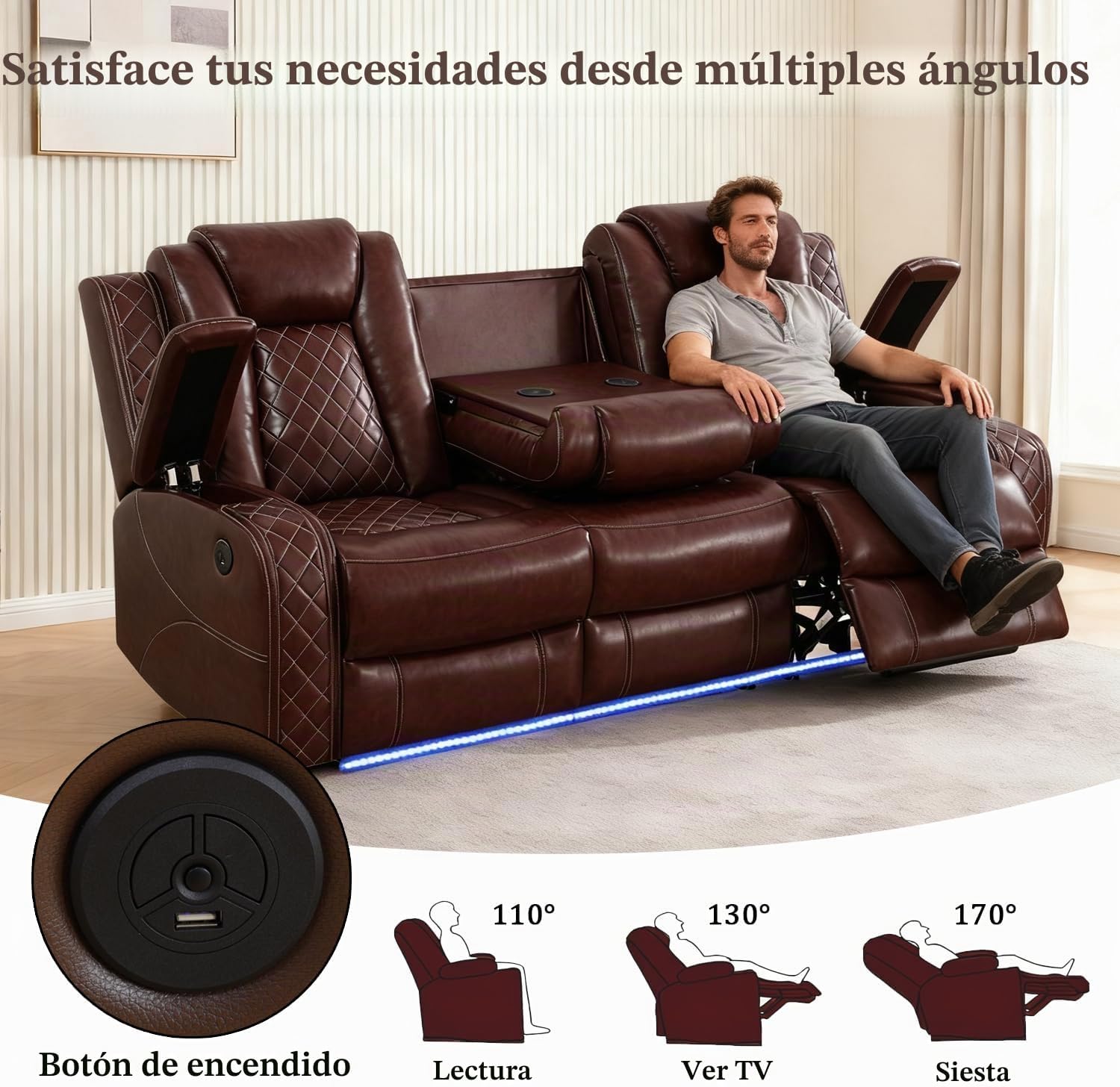 Juego de sofá reclinable de cuero eléctrico con luces LED, juego de sofá reclinable eléctrico, sofá de cuero para sala de estar, 3 piezas con mesa de centro/portavasos para casa/cine en casa
