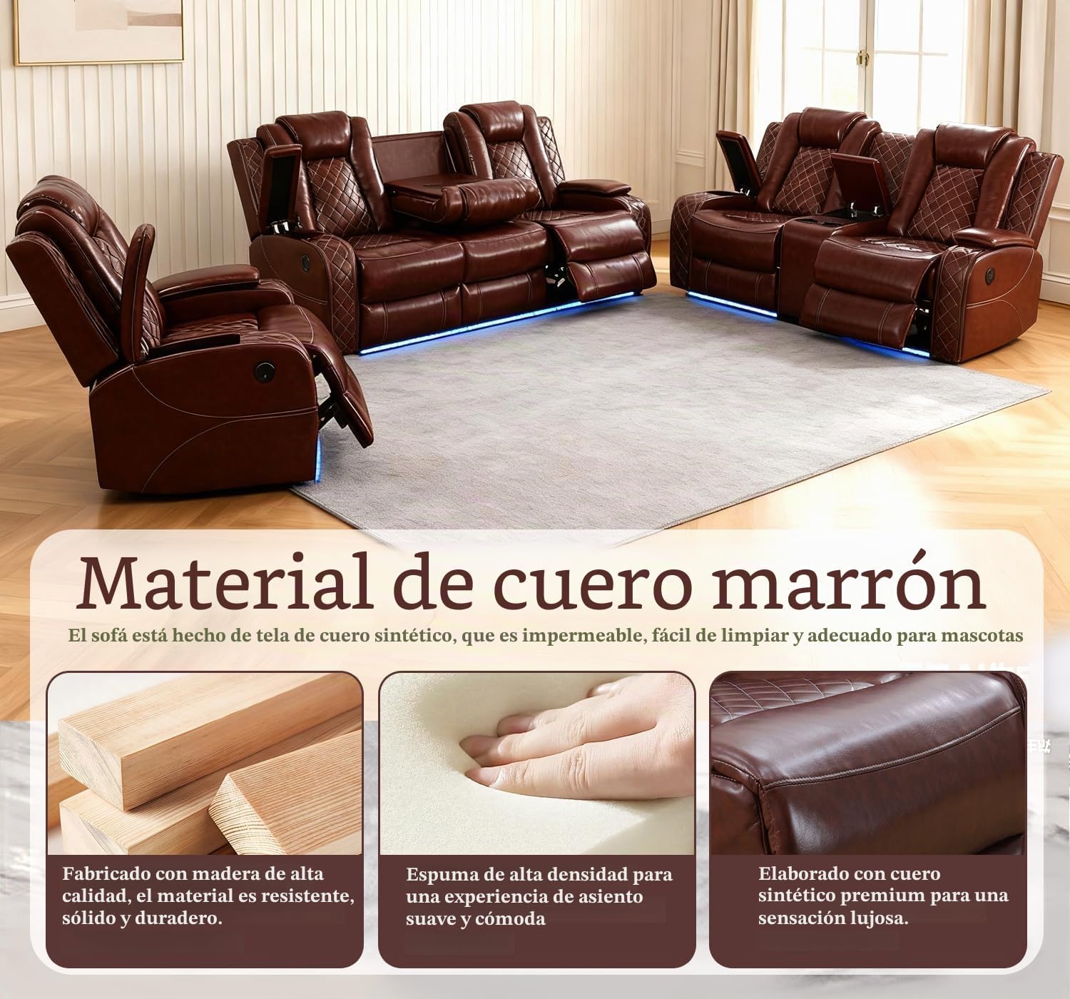 Juego de sofá reclinable de cuero eléctrico con luces LED, juego de sofá reclinable eléctrico, sofá de cuero para sala de estar, 3 piezas con mesa de centro/portavasos para casa/cine en casa