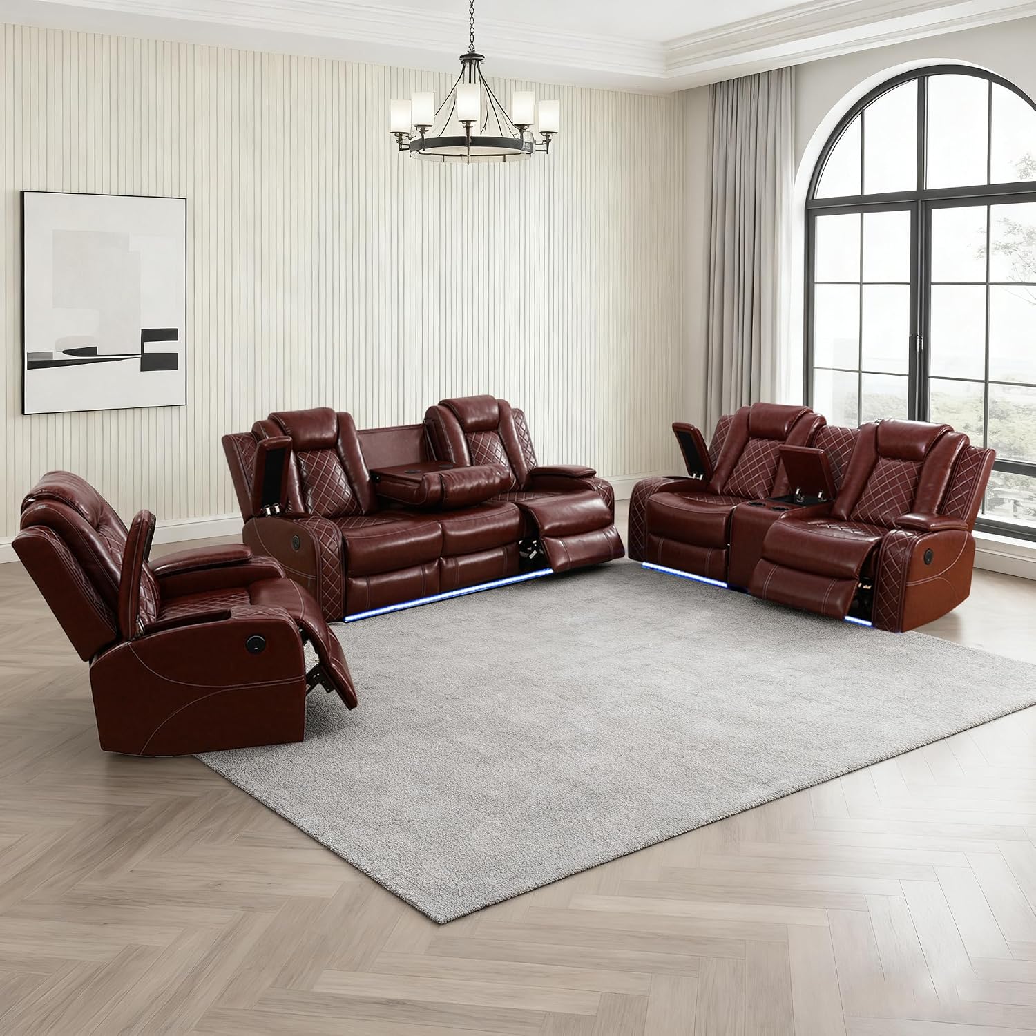 Juego de sofá reclinable de cuero eléctrico con luces LED, juego de sofá reclinable eléctrico, sofá de cuero para sala de estar, 3 piezas con mesa de centro/portavasos para casa/cine en casa