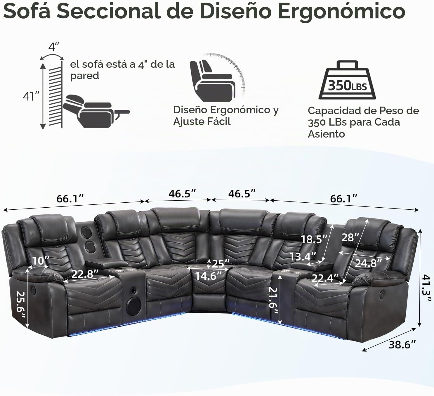 Sofá modular reclinable eléctrico con altavoces de graves para sala de estar, de piel sintética reclinable, con luz LED, sillón reclinable eléctrico para el hogar, gris