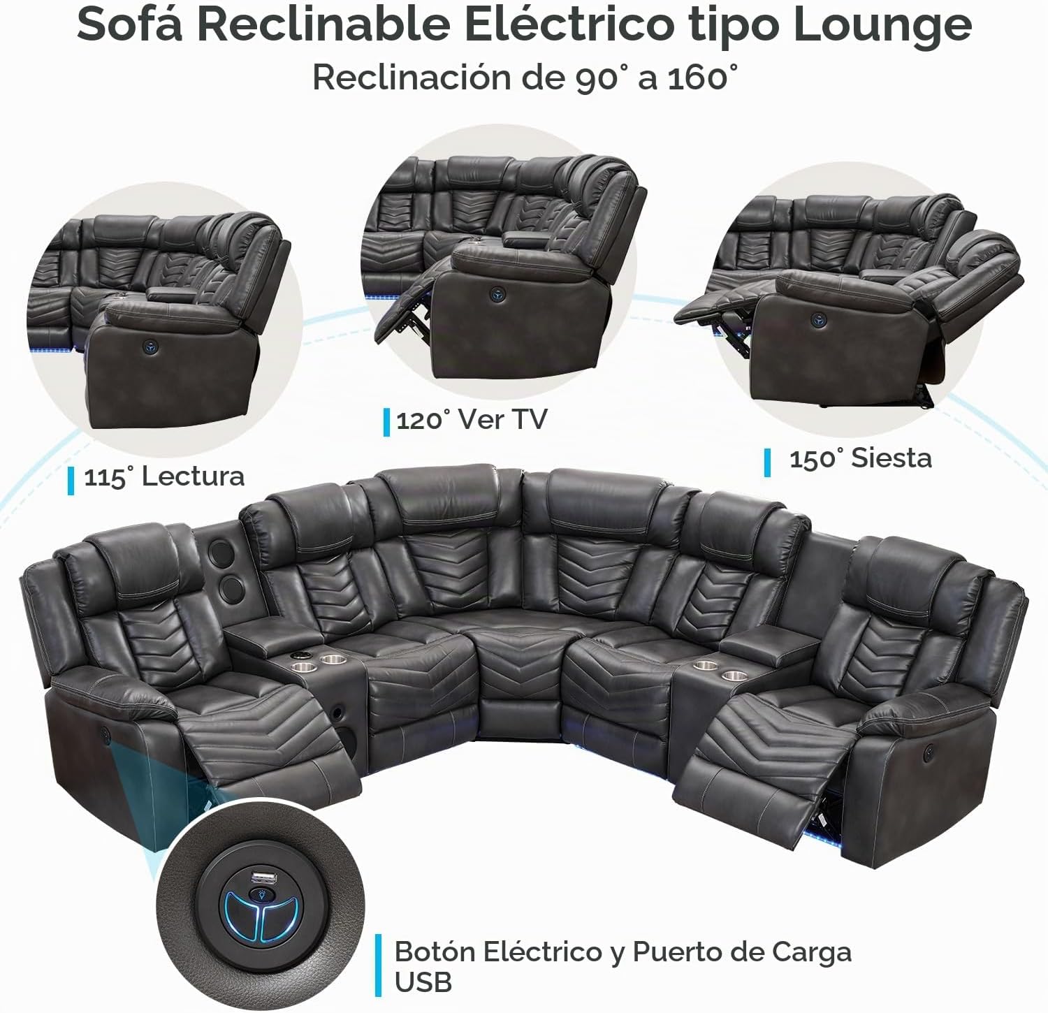 Sofá modular reclinable eléctrico con altavoces de graves para sala de estar, de piel sintética reclinable, con luz LED, sillón reclinable eléctrico para el hogar, gris