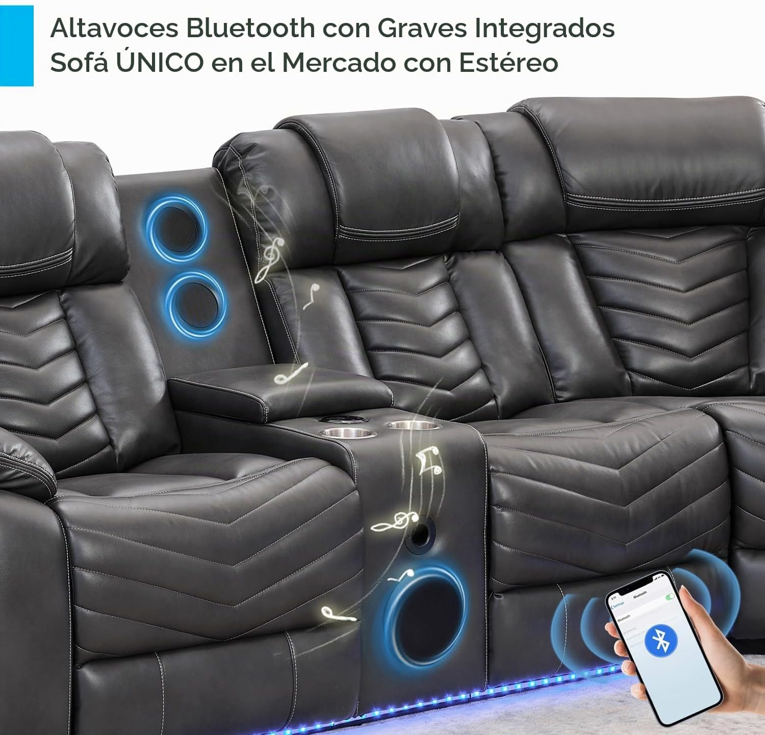 Sofá modular reclinable eléctrico con altavoces de graves para sala de estar, de piel sintética reclinable, con luz LED, sillón reclinable eléctrico para el hogar, gris