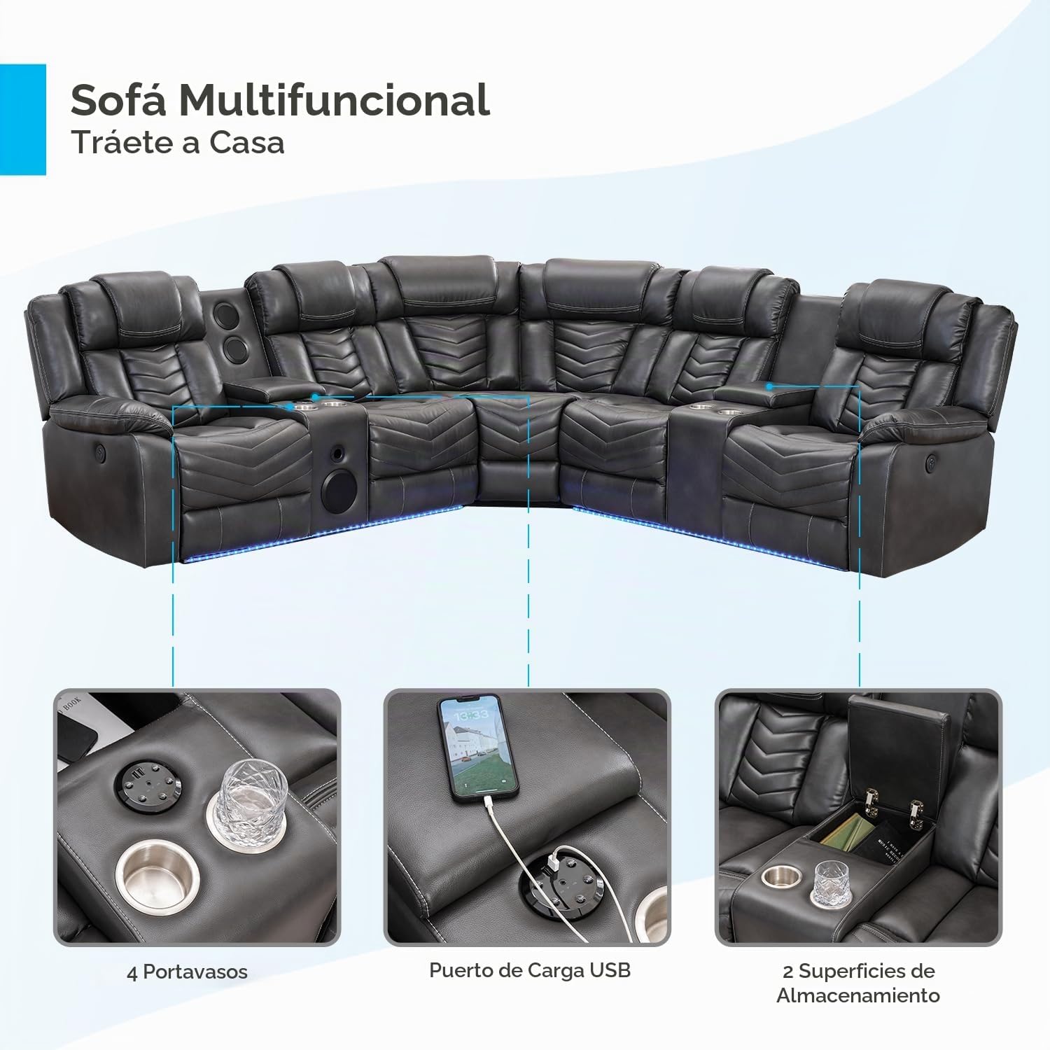 Sofá modular reclinable eléctrico con altavoces de graves para sala de estar, de piel sintética reclinable, con luz LED, sillón reclinable eléctrico para el hogar, gris