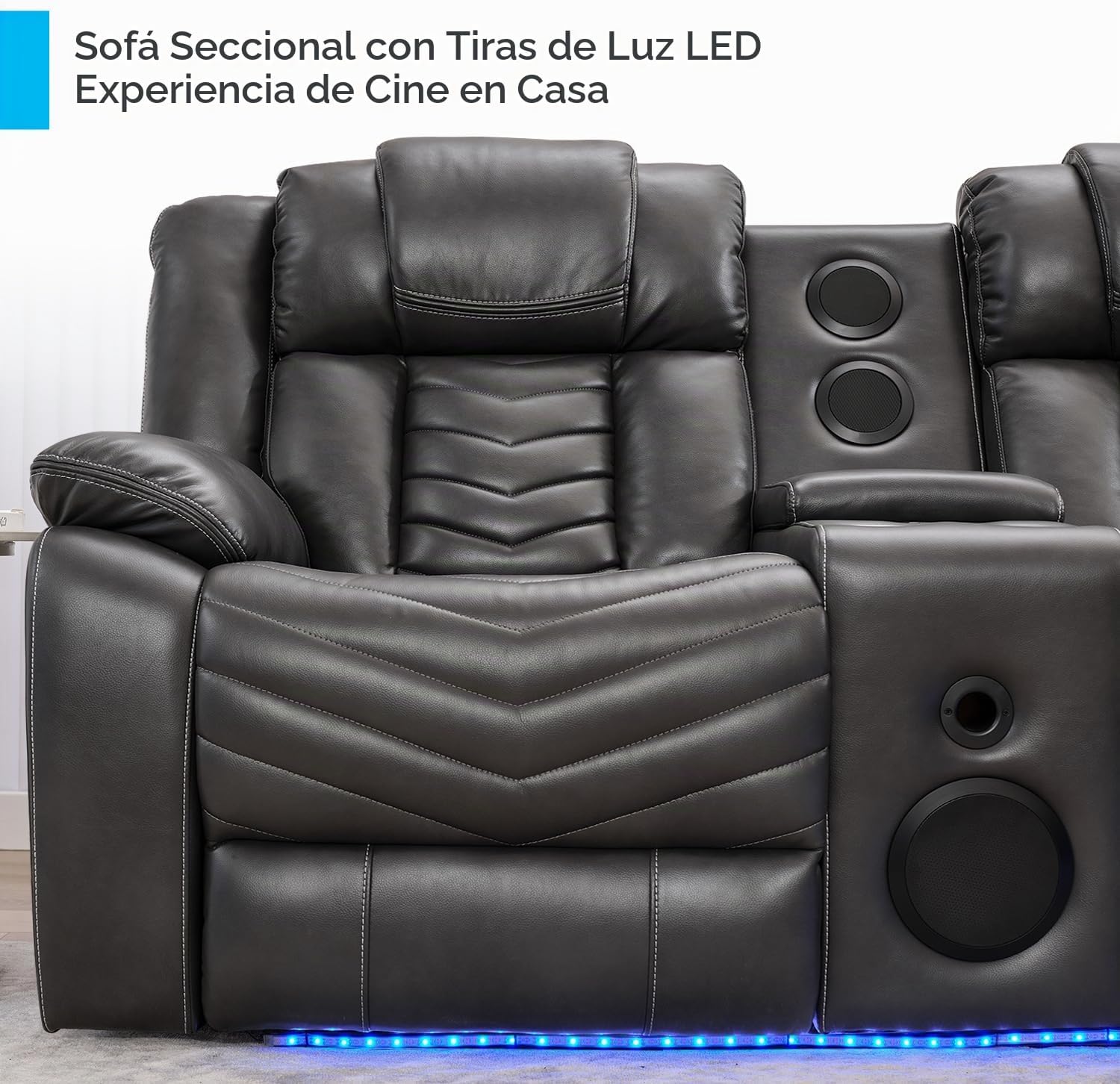 Sofá modular reclinable eléctrico con altavoces de graves para sala de estar, de piel sintética reclinable, con luz LED, sillón reclinable eléctrico para el hogar, gris