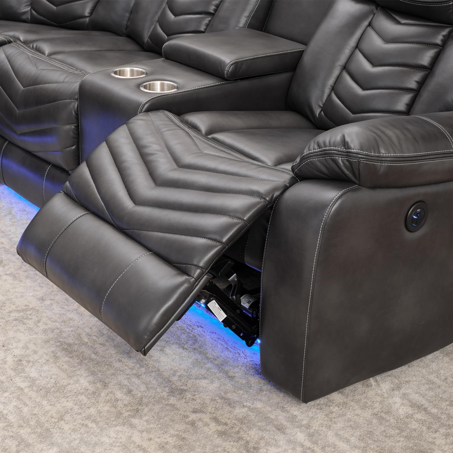 Sofá modular reclinable eléctrico con altavoces de graves para sala de estar, de piel sintética reclinable, con luz LED, sillón reclinable eléctrico para el hogar, gris