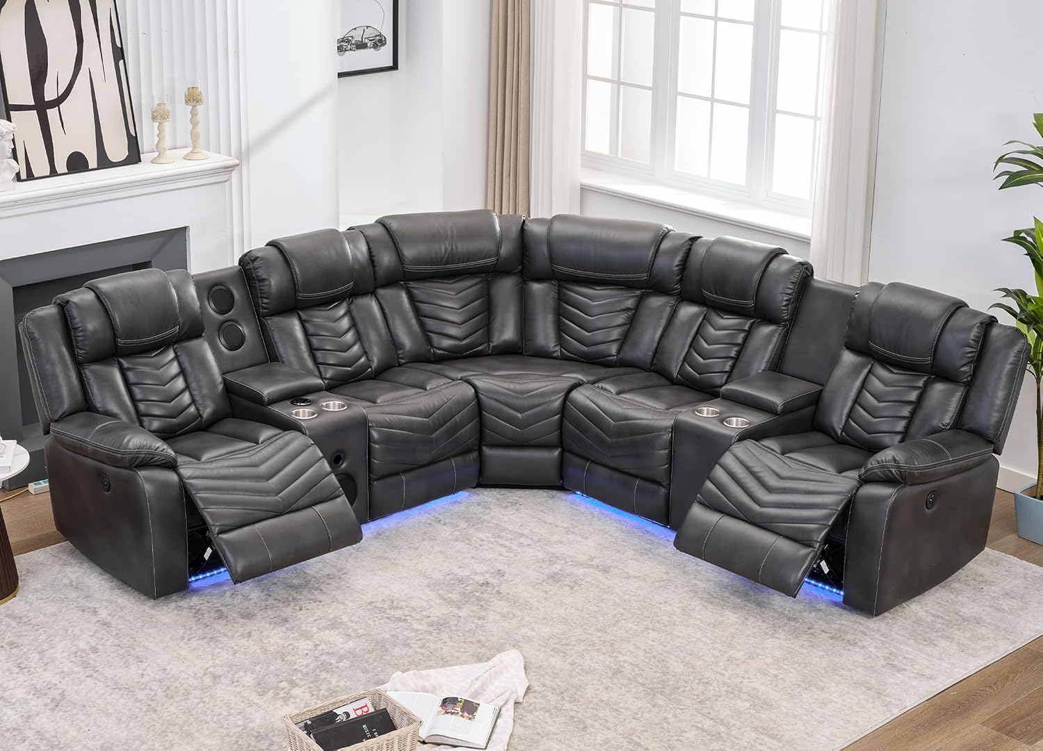 Sofá modular reclinable eléctrico con altavoces de graves para sala de estar, de piel sintética reclinable, con luz LED, sillón reclinable eléctrico para el hogar, gris