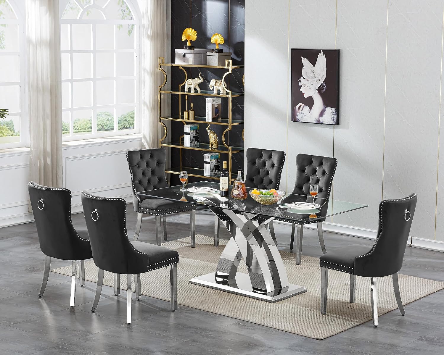 Juego de mesa de comedor de vidrio de 70.08 pulgadas para 6, mesa de cocina rectangular de vidrio con 6 sillas decorativas tapizadas de terciopelo, juego de comedor moderno de 7 piezas para el hogar