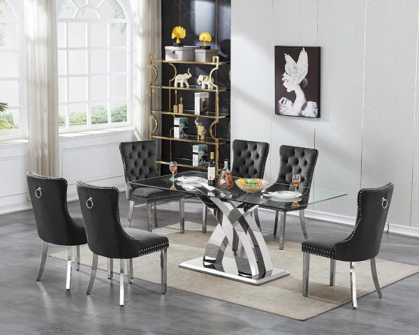 Juego de mesa de comedor de vidrio de 70.08 pulgadas para 6, mesa de cocina rectangular de vidrio con 6 sillas decorativas tapizadas de terciopelo, juego de comedor moderno de 7 piezas para el hogar
