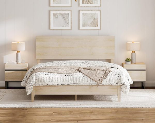 WAMPAT Juego de dormitorio de 3 piezas, marco de cama Queen con cabecero ondulado y 2 mesitas de noche, color beige
