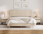 WAMPAT Juego de dormitorio de 3 piezas, marco de cama Queen con cabecero ondulado y 2 mesitas de noche, color beige